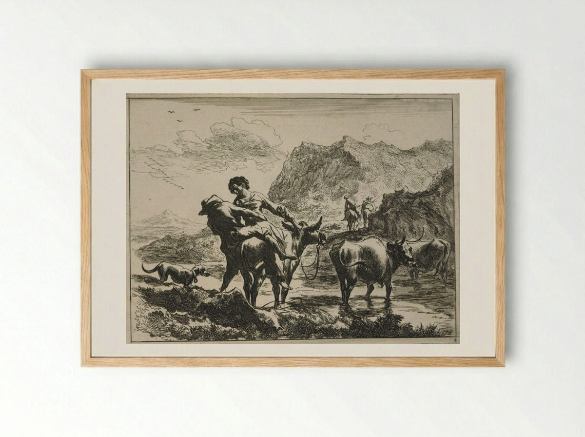 The Ford, A Herdsman and Shepherdess on a Donkey - Johannes Visscher - Framed Print Wood