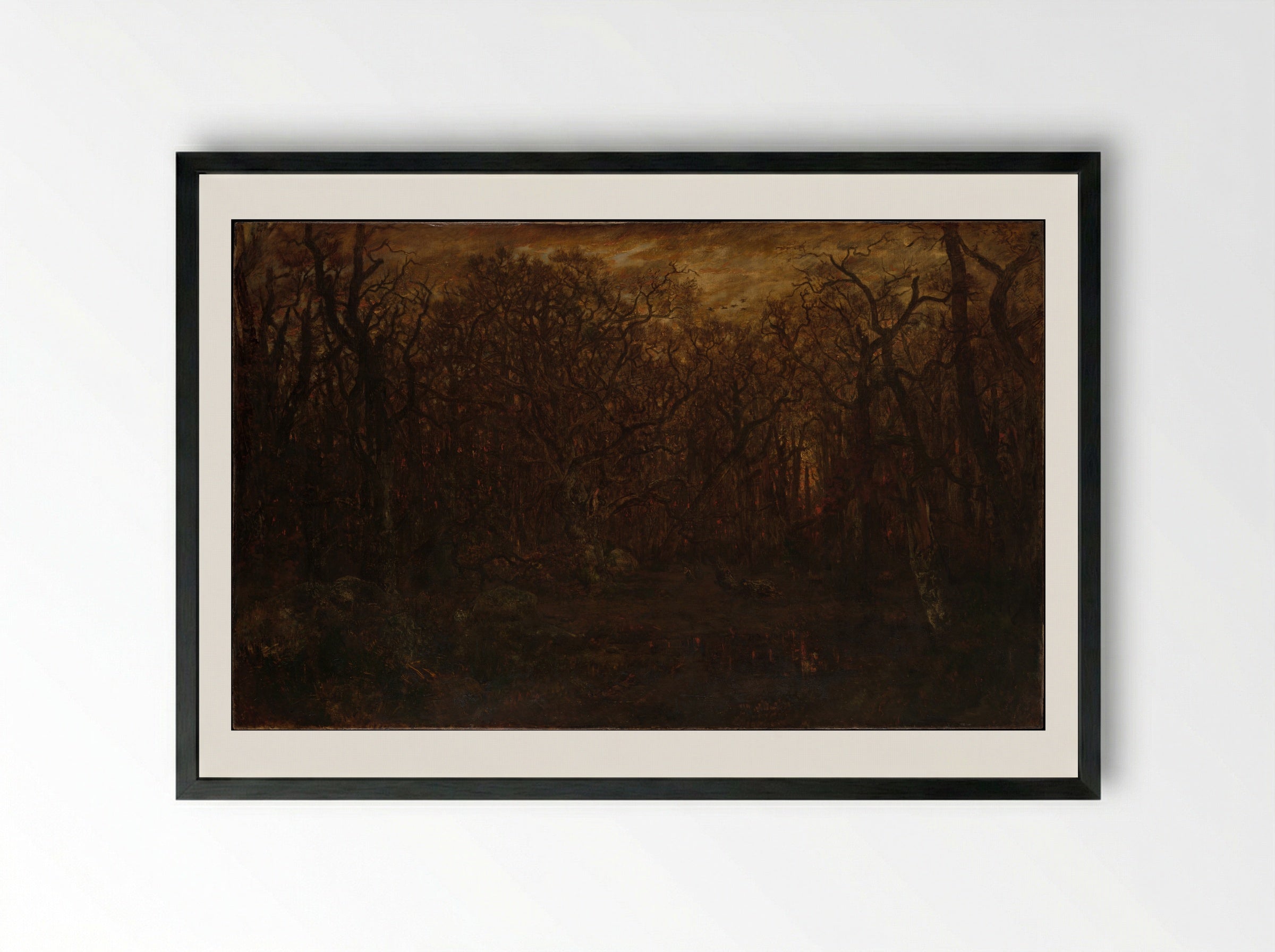 The Forest in Winter at Sunset - Théodore Rousseau - Framed Print Black