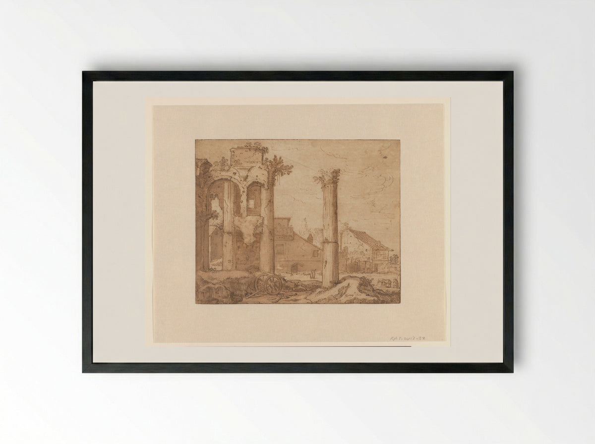 The Forum of Nerva in Rome, Seen from the Temple of Minerva - Pieter Lastman - Framed Print Black