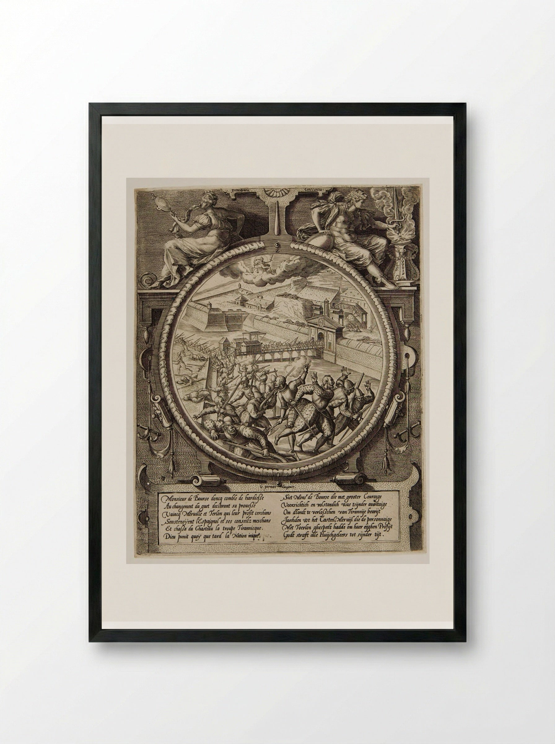 The German Troops Driven from the Citadel, 1 August 1577 - Johannes Wierix - Framed Print Black