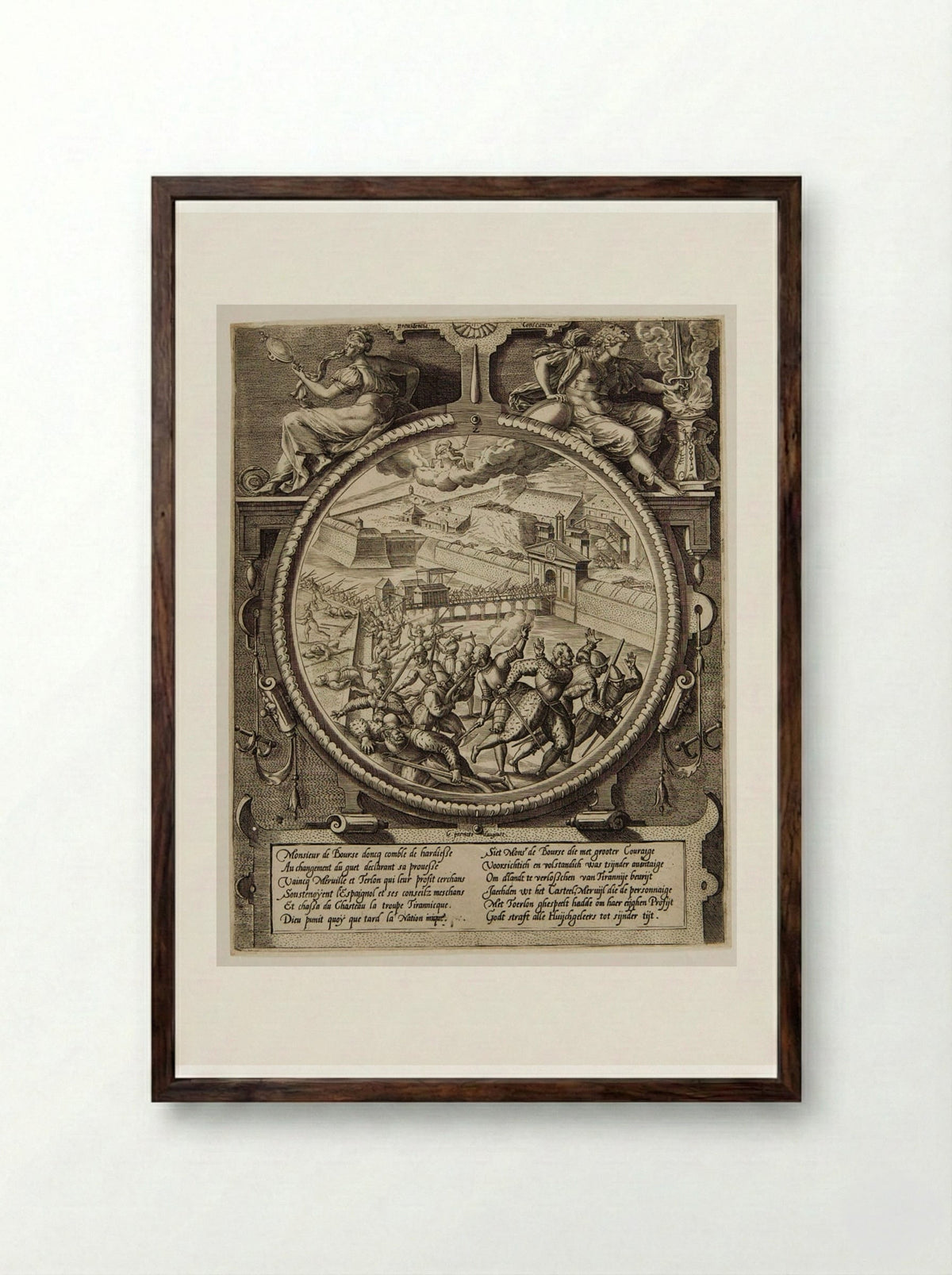 The German Troops Driven from the Citadel, 1 August 1577 - Johannes Wierix - Framed Print Dark Wood