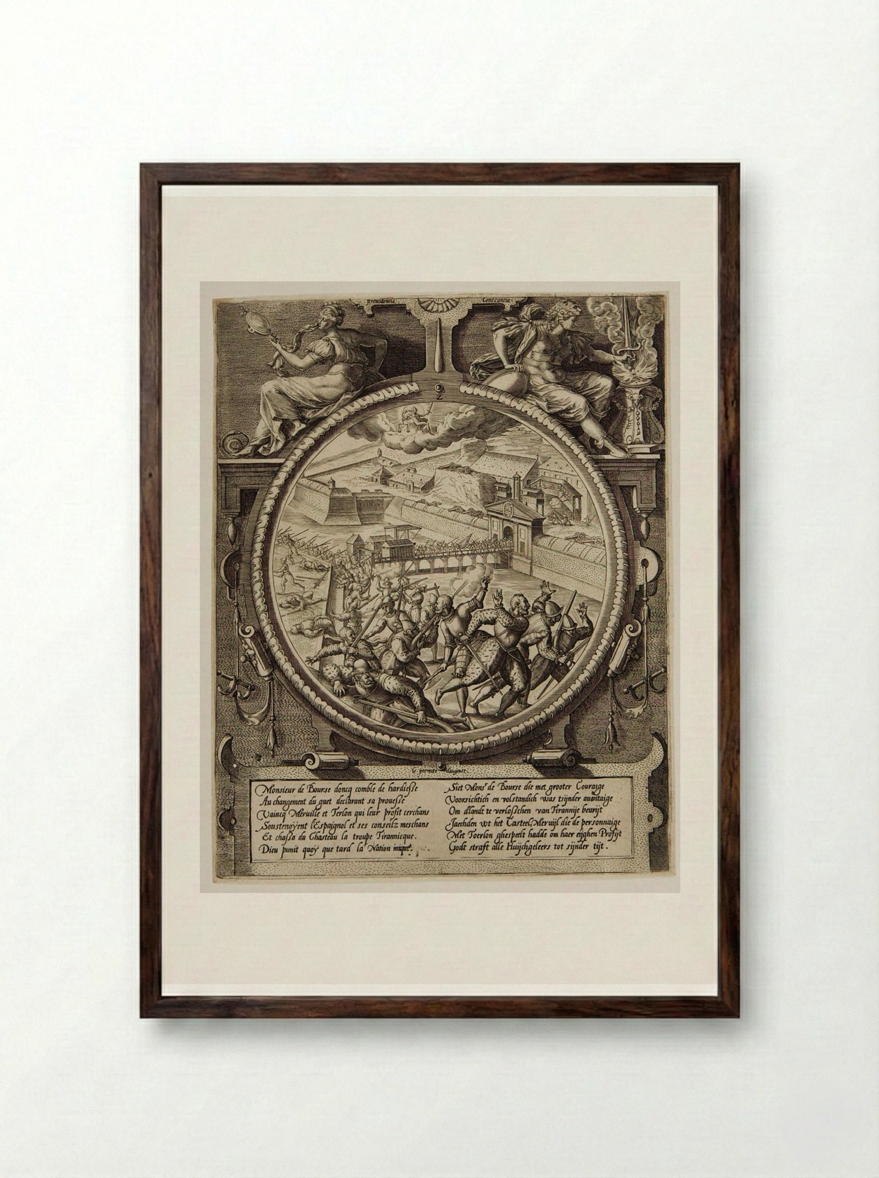 The German Troops Driven from the Citadel, 1 August 1577 - Johannes Wierix - Framed Print Dark Wood
