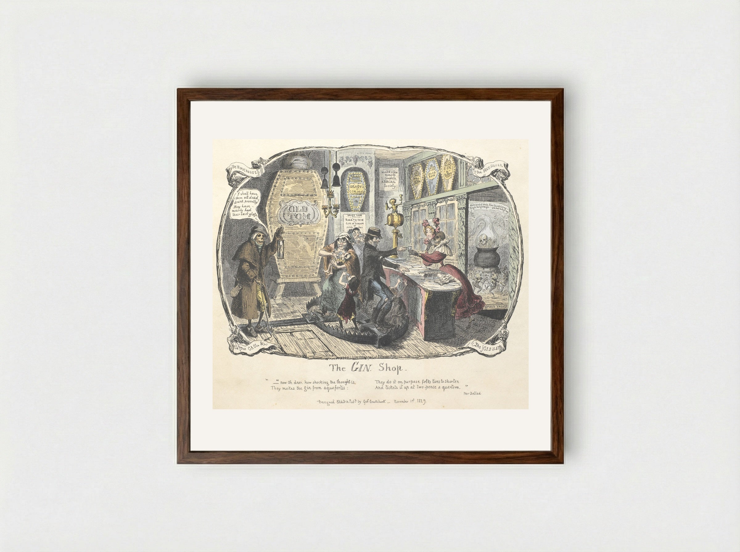The Gin Shop - George Cruikshank - Framed Print Dark Wood