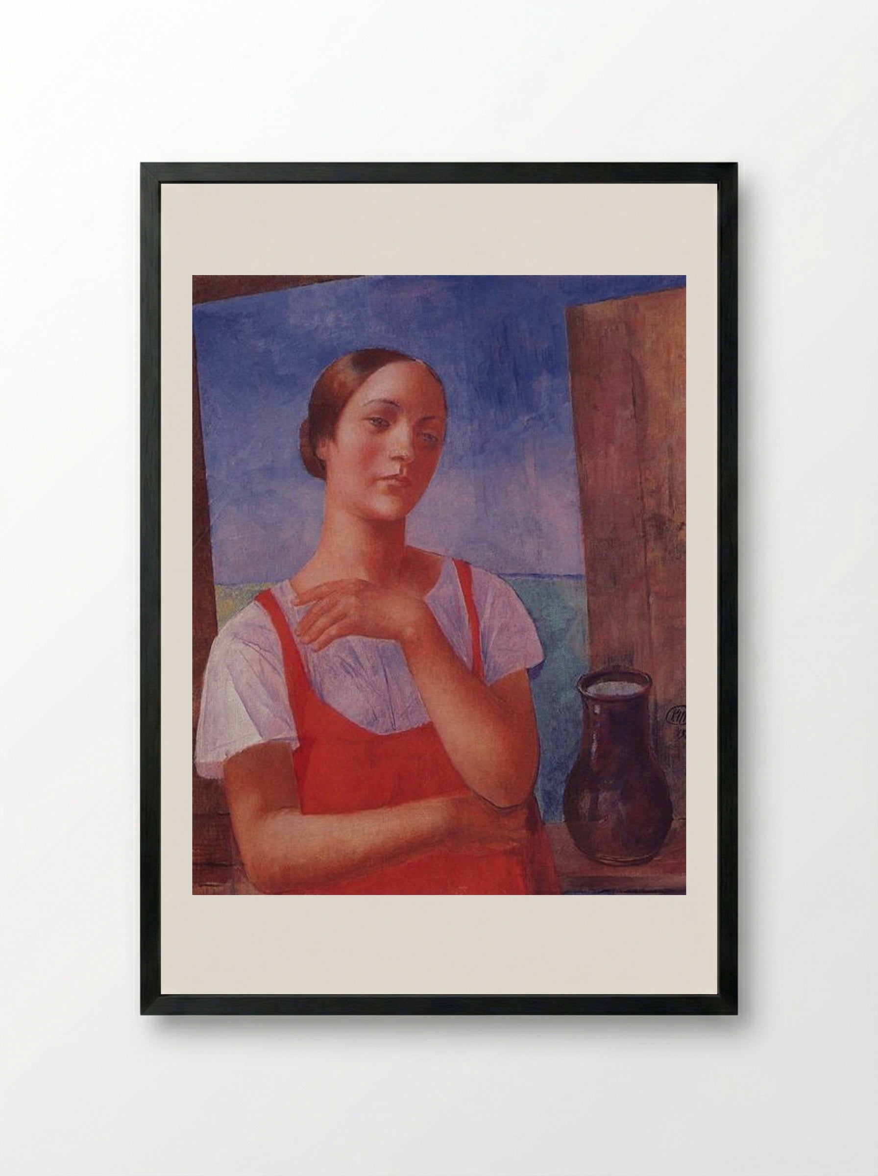 The Girl in a Sarafan - Kuzma Petrov-Vodkin - Framed Print Black