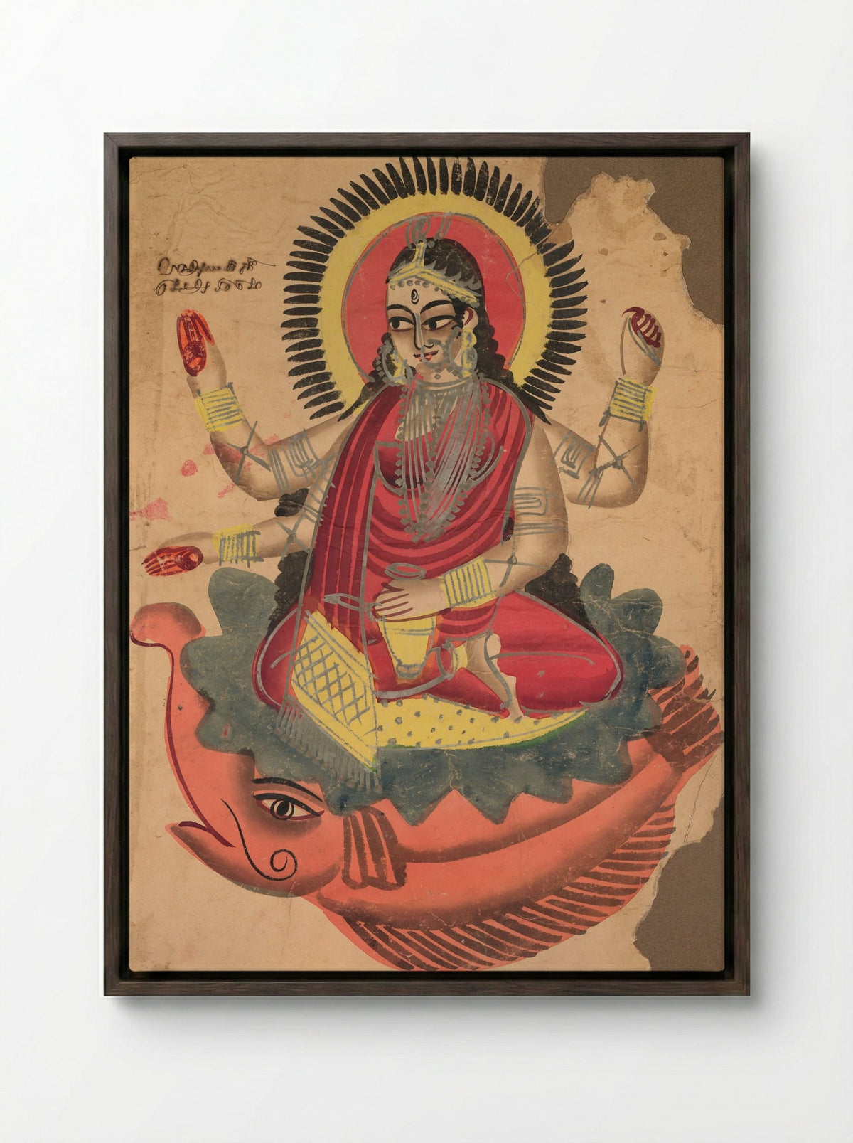 The Goddess Ganga - Kalighat School - Framed Canvas Dark Wood