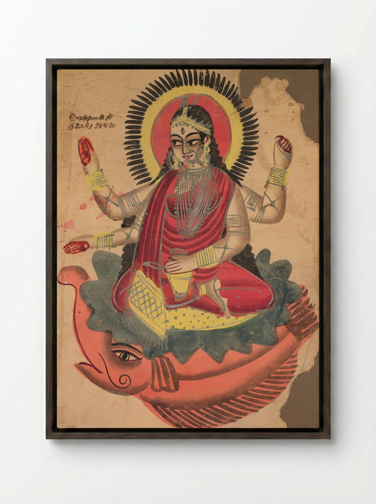 The Goddess Ganga - Kalighat School - Framed Canvas Dark Wood