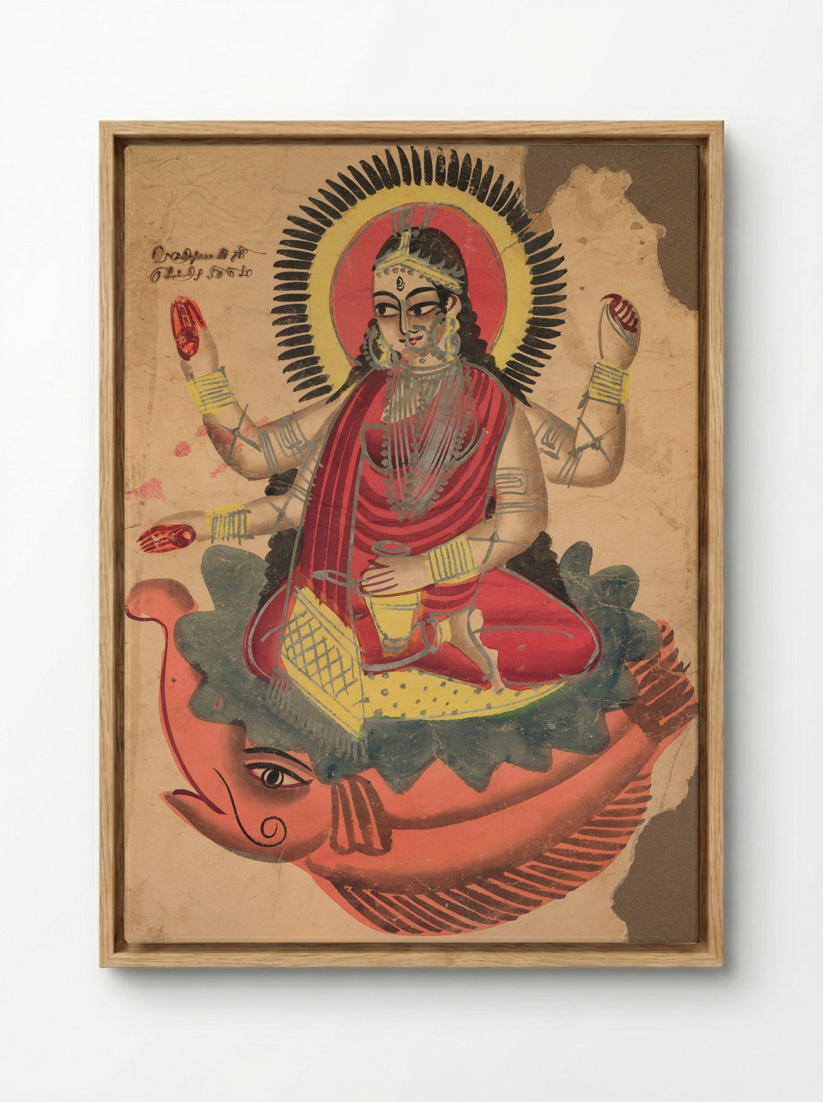 The Goddess Ganga - Kalighat School - Framed Canvas Wood