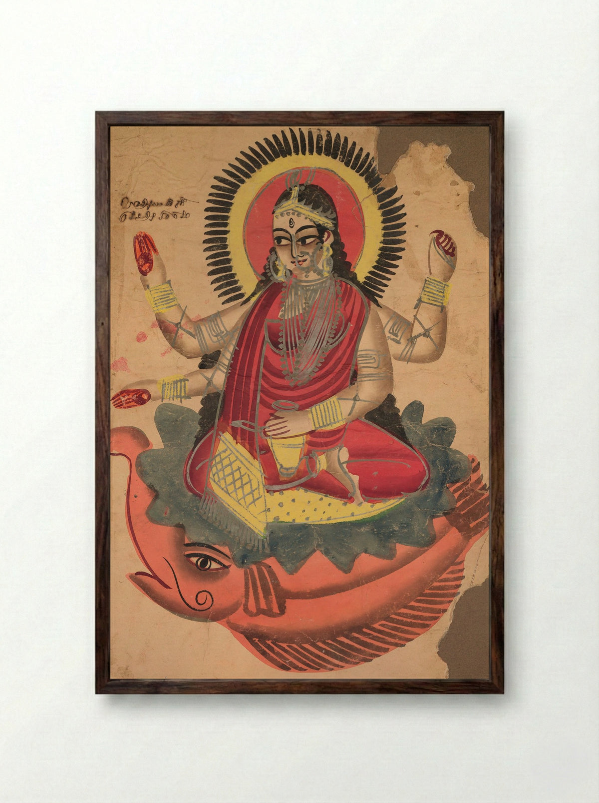 The Goddess Ganga - Kalighat School - Framed Print Dark Wood