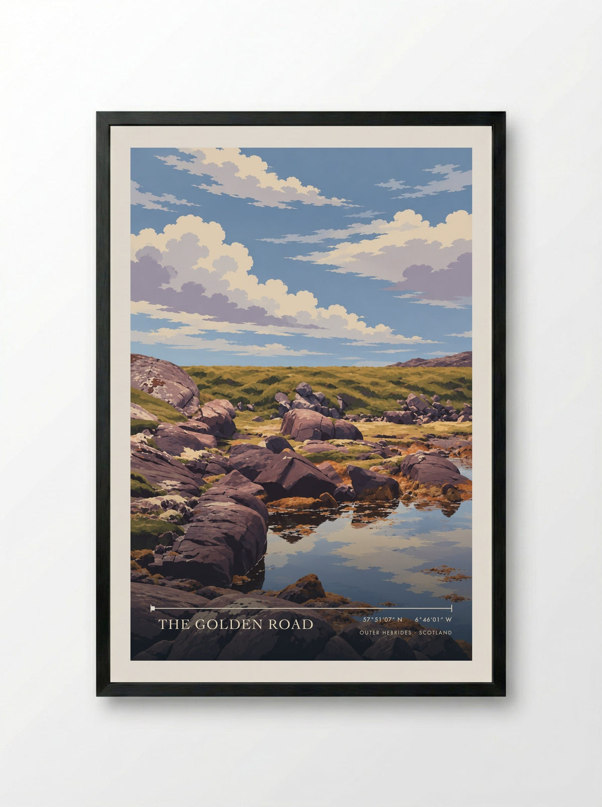 The Golden Road, Outer Hebrides | Travel Poster - Framed Print Black