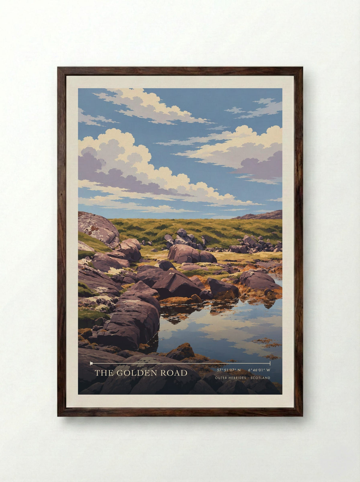 The Golden Road, Outer Hebrides | Travel Poster - Framed Print Dark Wood