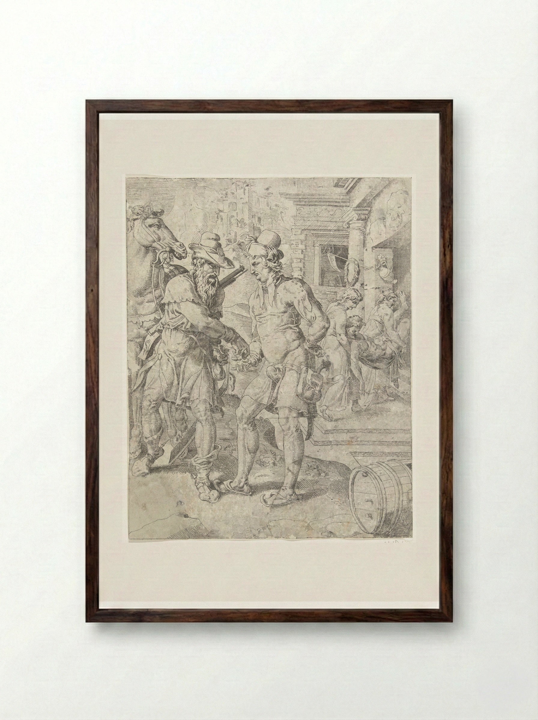 The Good Samaritan Paying the Innkeeper - Dirck Volckertsz. Coornhert - Framed Print Dark Wood
