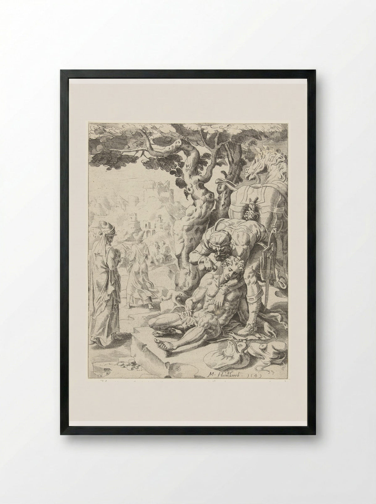 The Good Samaritan Tending the Wounds - Dirck Volckertsz. Coornhert - Framed Print Black