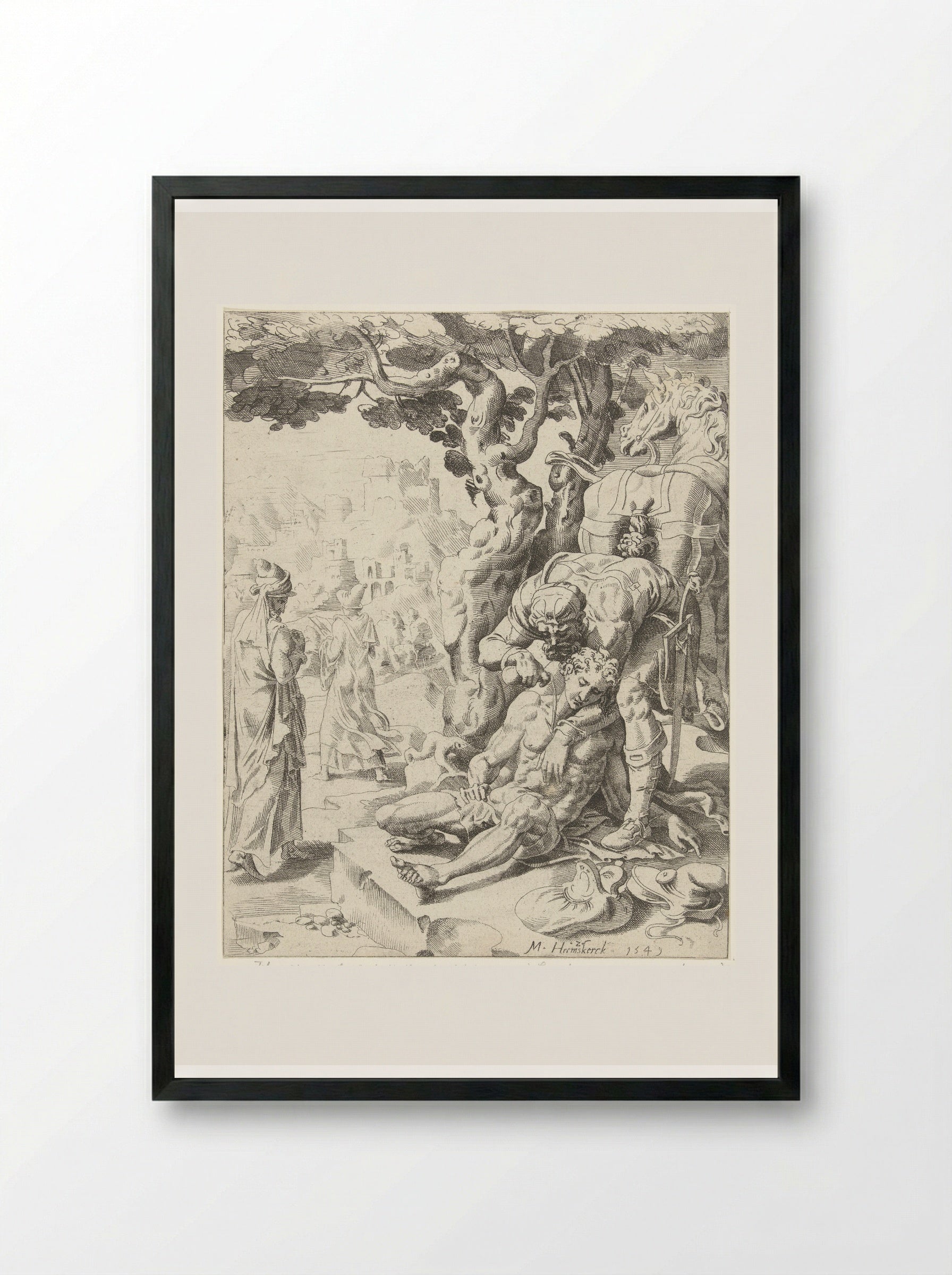 The Good Samaritan Tending the Wounds - Dirck Volckertsz. Coornhert - Framed Print Black