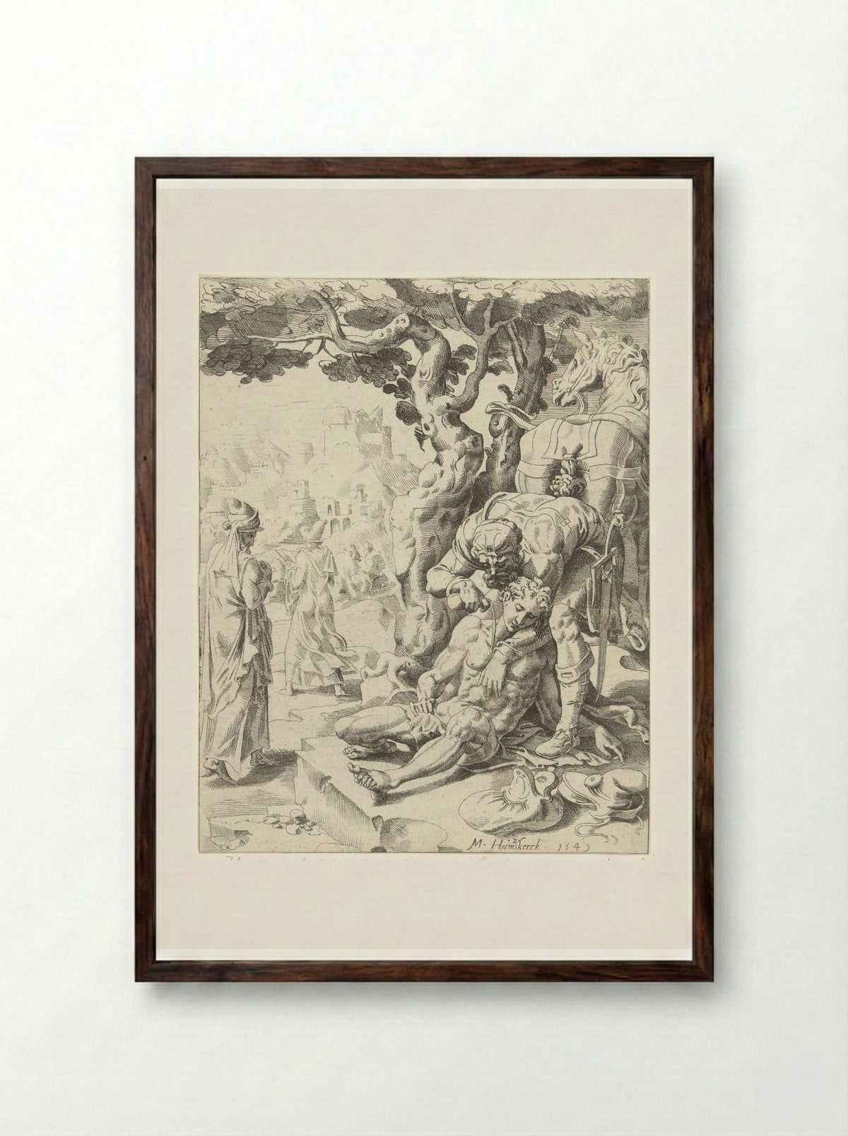 The Good Samaritan Tending the Wounds - Dirck Volckertsz. Coornhert - Framed Print Dark Wood