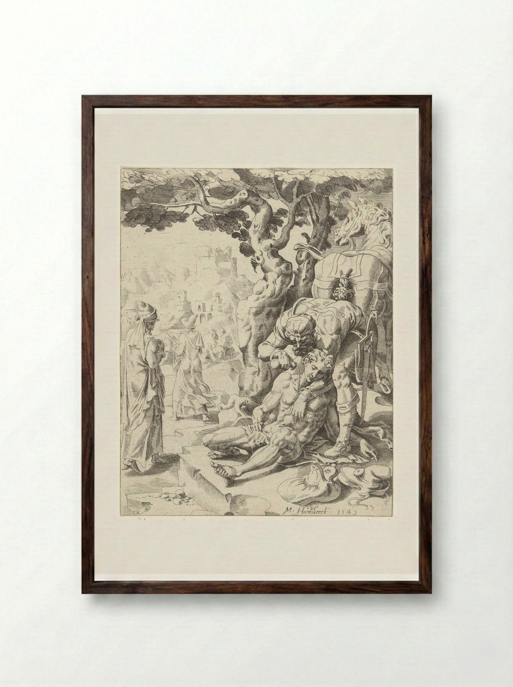 The Good Samaritan Tending the Wounds - Dirck Volckertsz. Coornhert - Framed Print Dark Wood