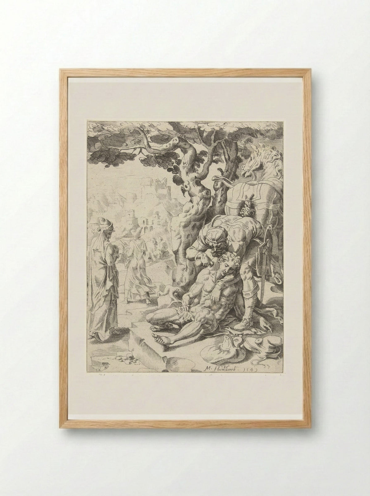The Good Samaritan Tending the Wounds - Dirck Volckertsz. Coornhert - Framed Print Wood
