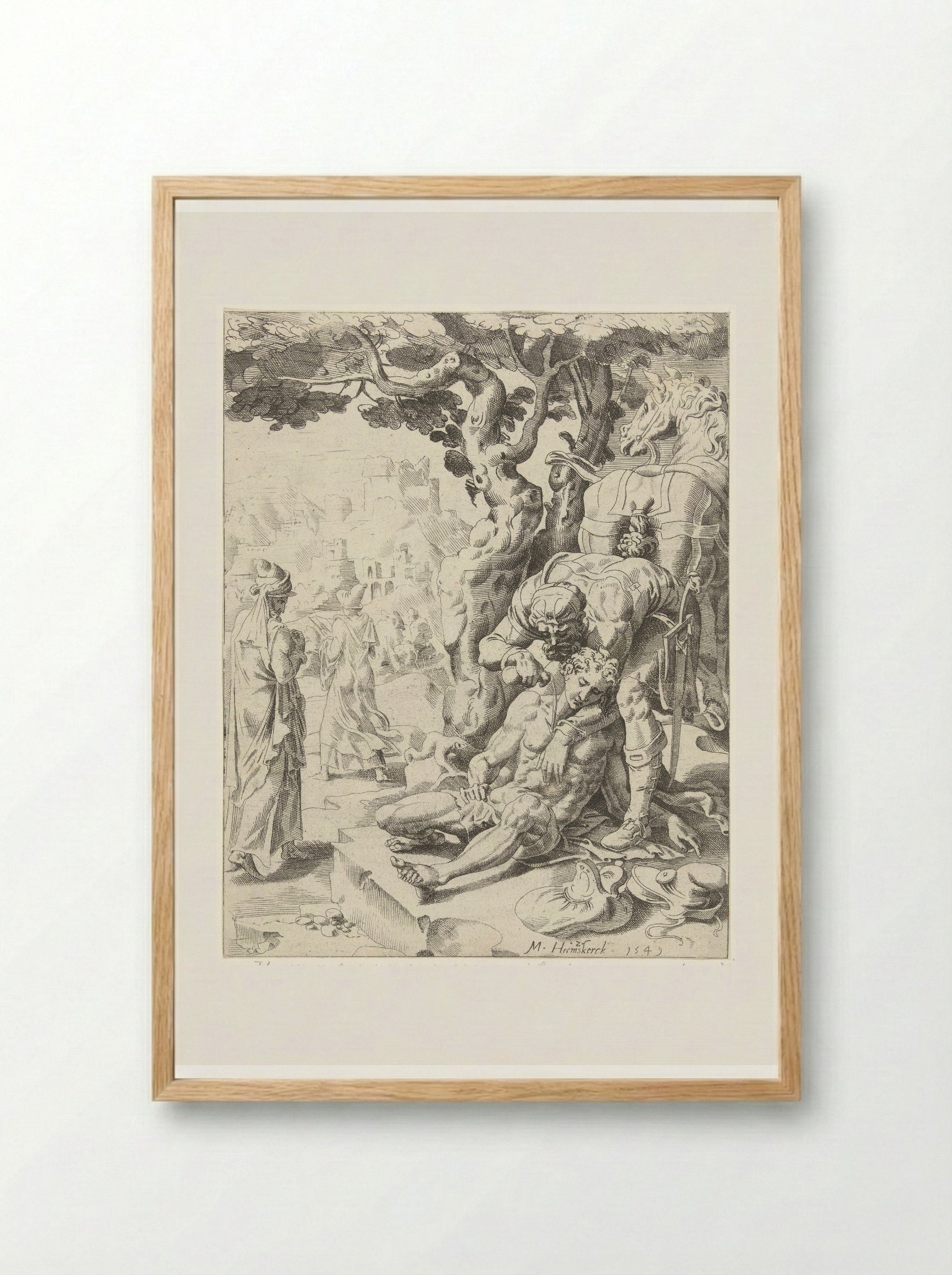 The Good Samaritan Tending the Wounds - Dirck Volckertsz. Coornhert - Framed Print Wood