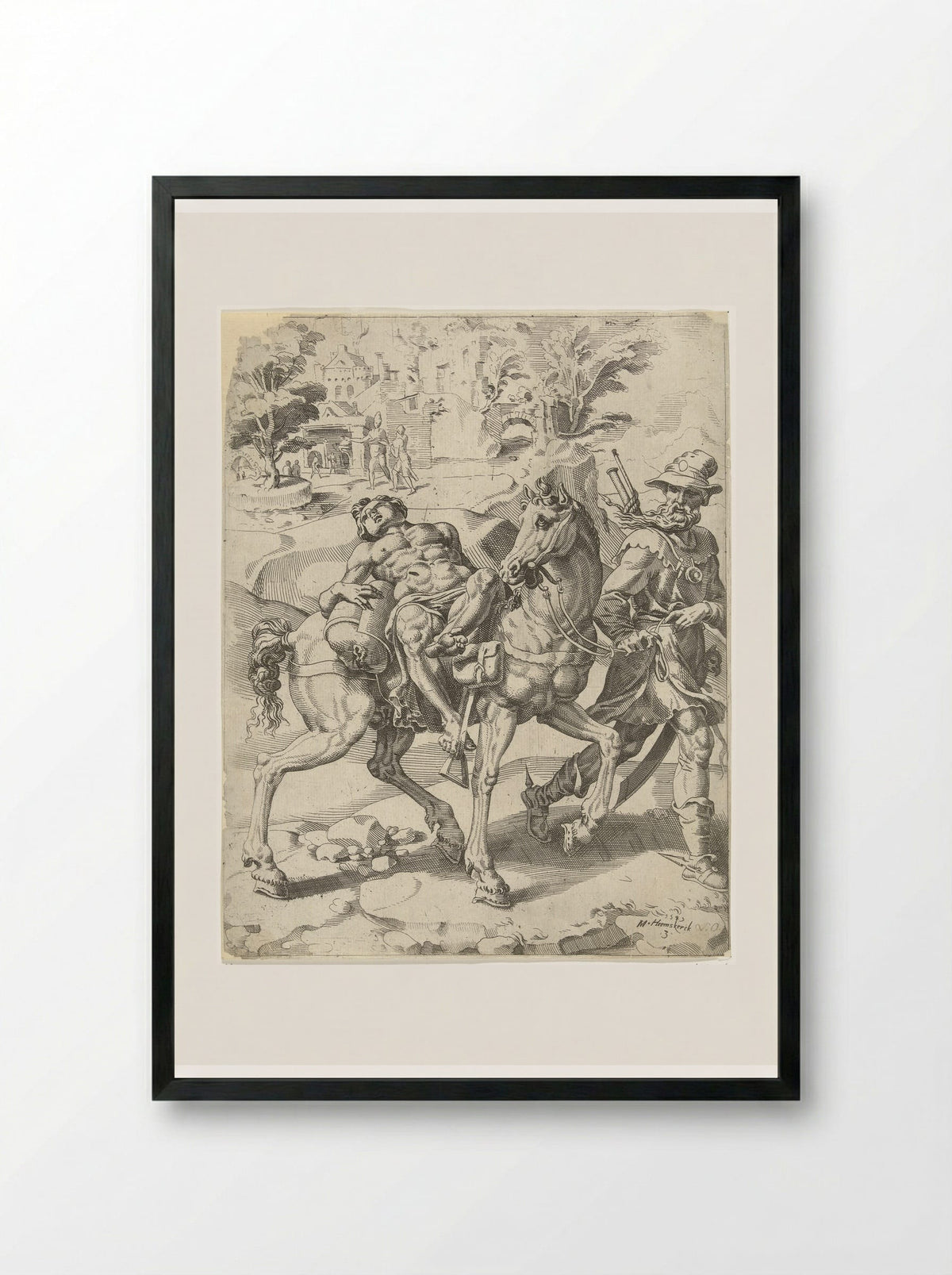 The Good Samaritan: The Journey to the Inn - Dirck Volckertsz. Coornhert - Framed Print Black