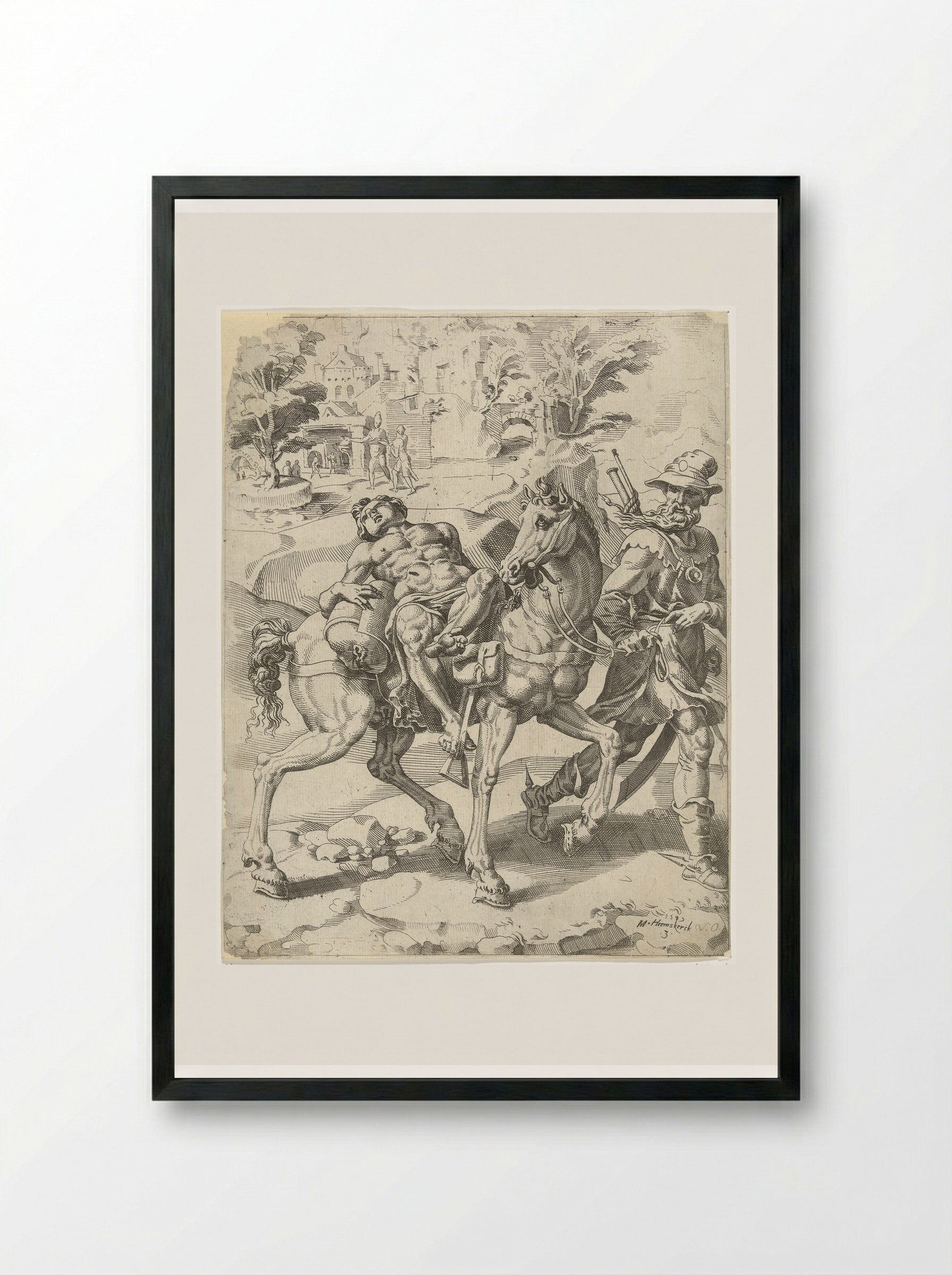 The Good Samaritan: The Journey to the Inn - Dirck Volckertsz. Coornhert - Framed Print Black