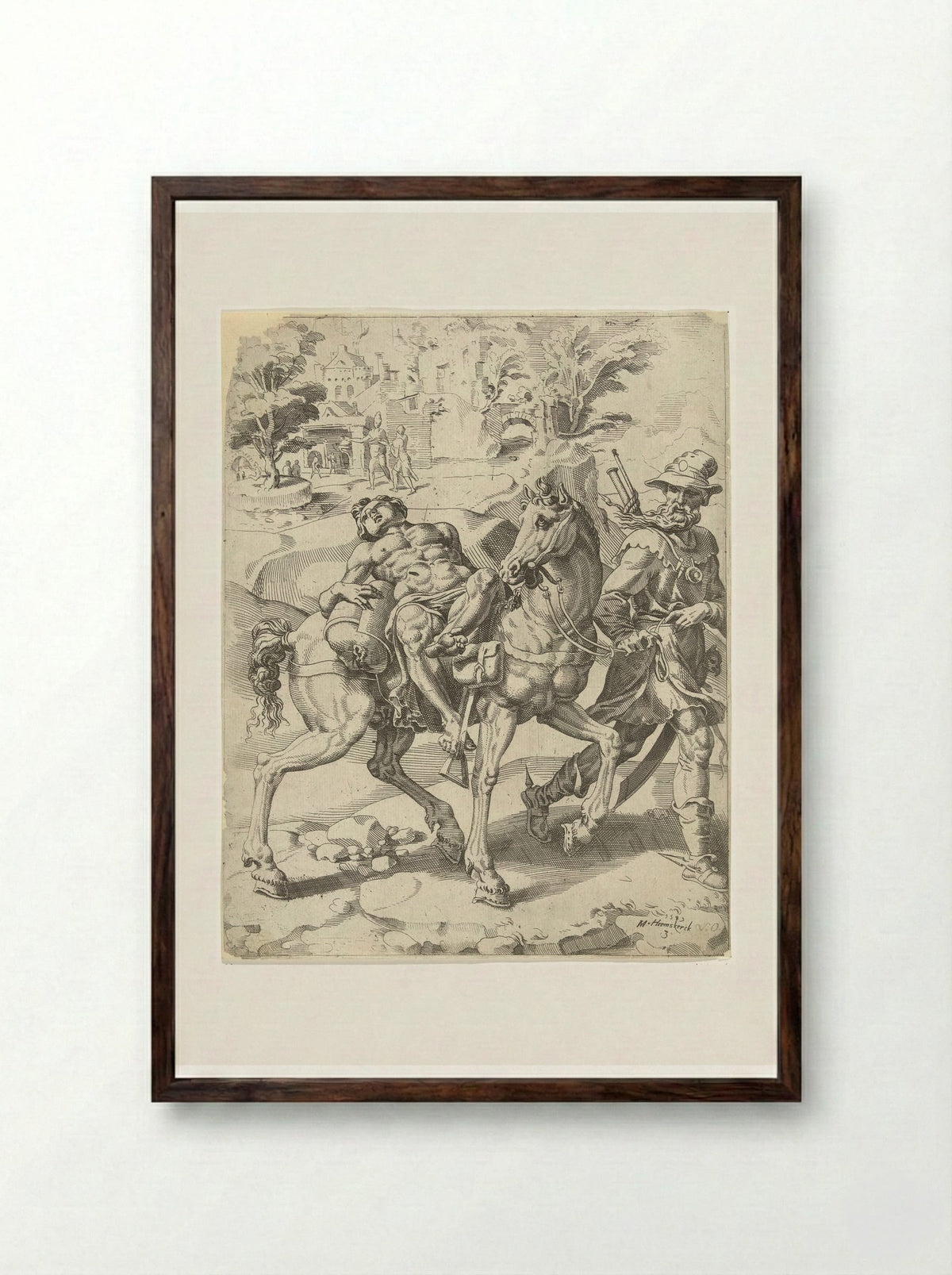 The Good Samaritan: The Journey to the Inn - Dirck Volckertsz. Coornhert - Framed Print Dark Wood
