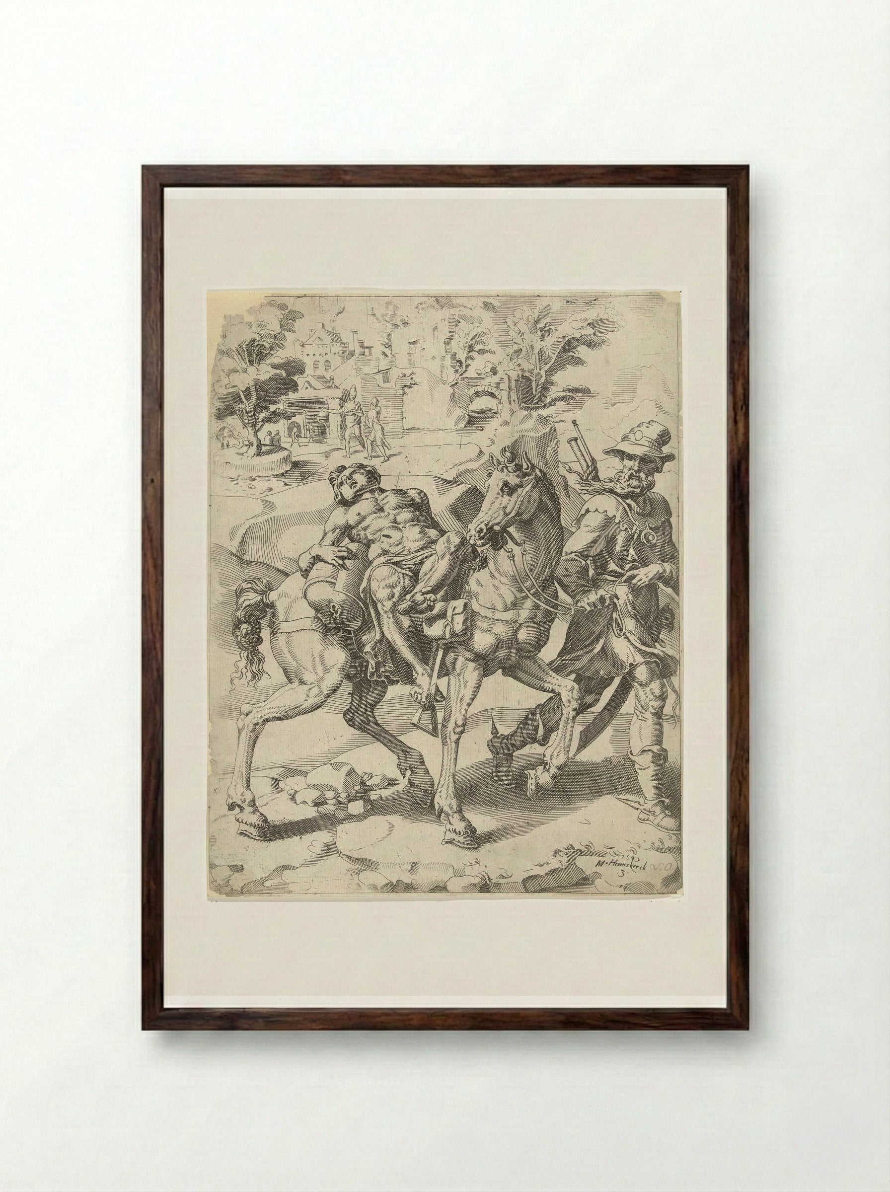 The Good Samaritan: The Journey to the Inn - Dirck Volckertsz. Coornhert - Framed Print Dark Wood