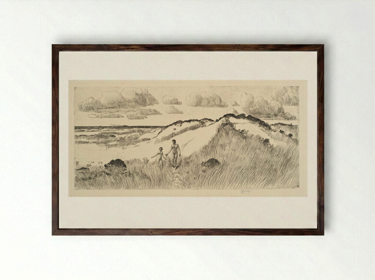 The Great Dune, Easthampton - Childe Hassam - Framed Print Dark Wood