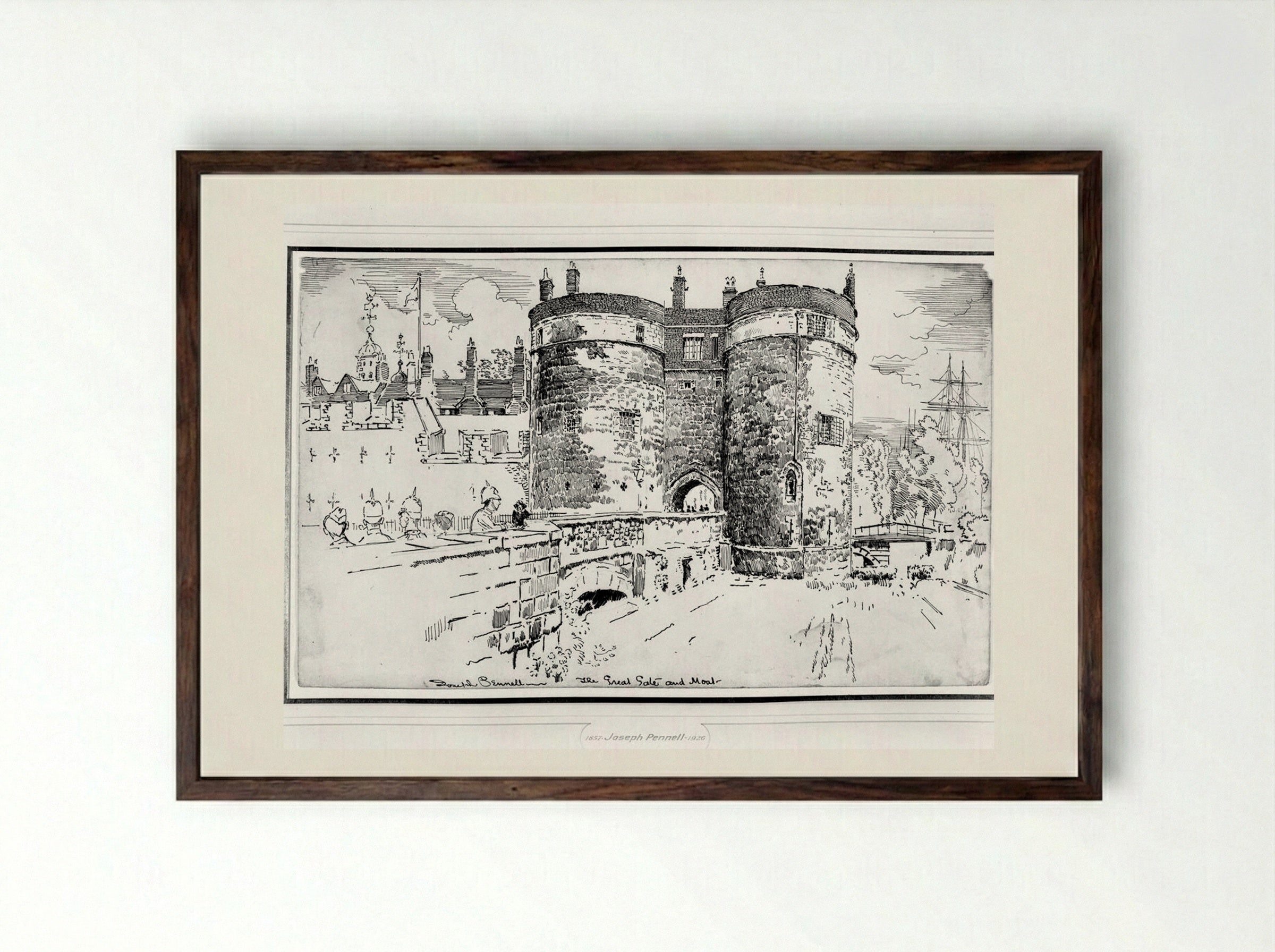 The Great Gate and Moat - Joseph Pennell - Framed Print Dark Wood