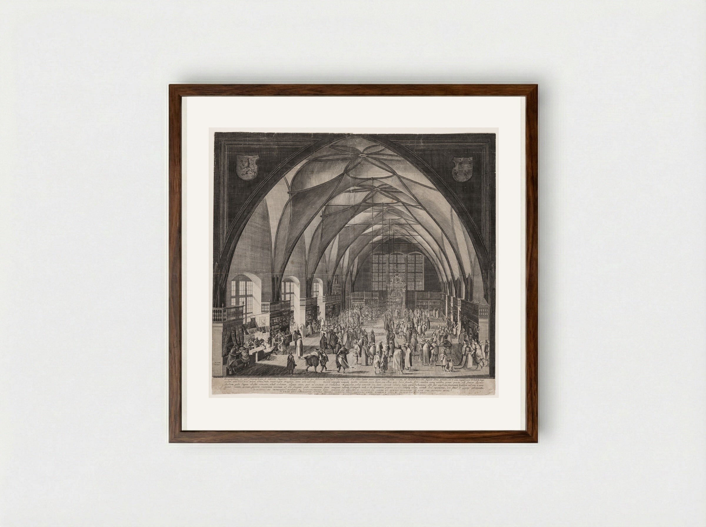 The Great Hall of the Castle at Prague, with the Annual Fair - Aegidius Sadeler II - Framed Print Dark Wood