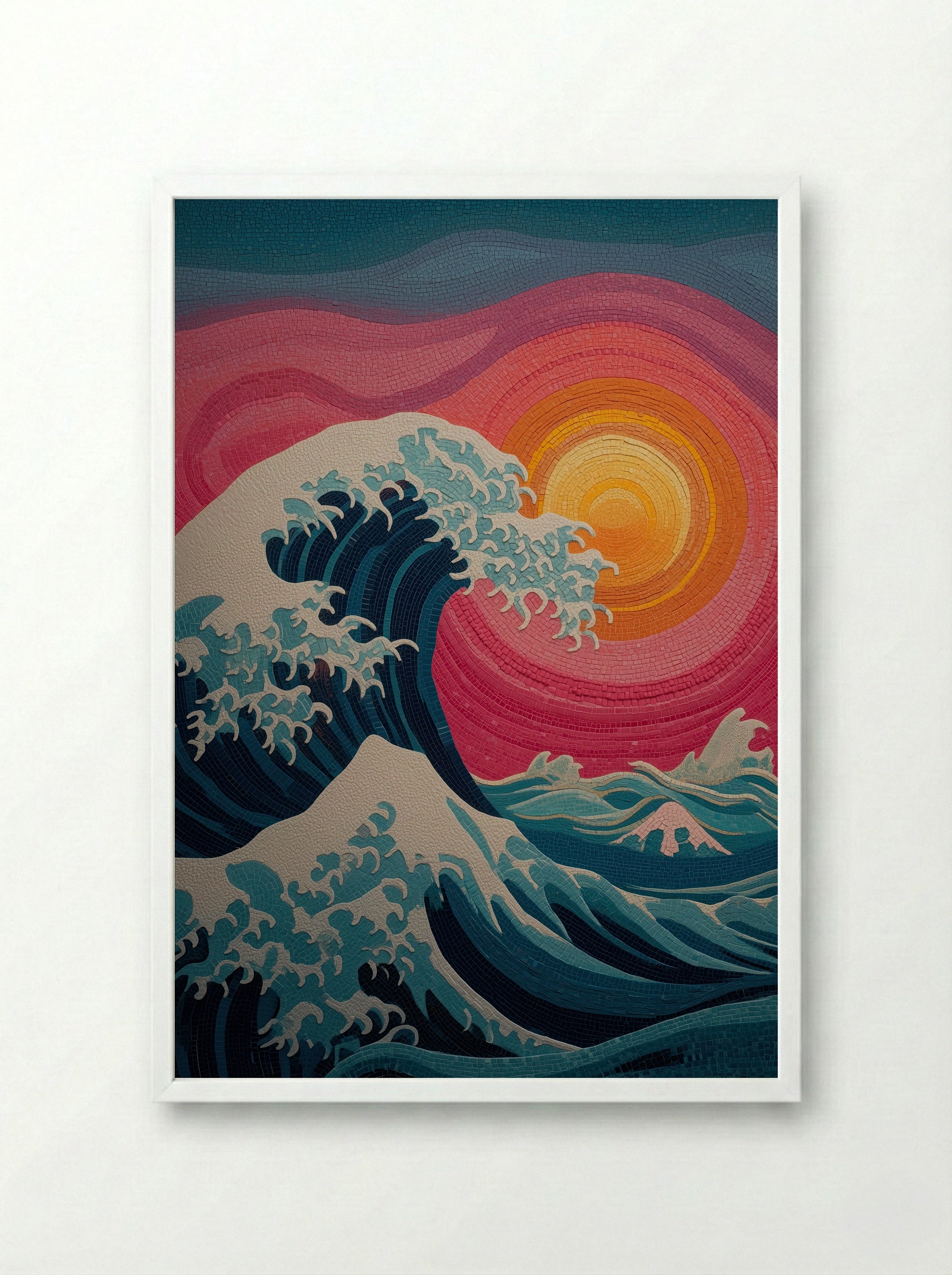The Great Mosaic Wave – Japanese Mosaic Sunset Print Inspired by Hokusai - Framed Print White