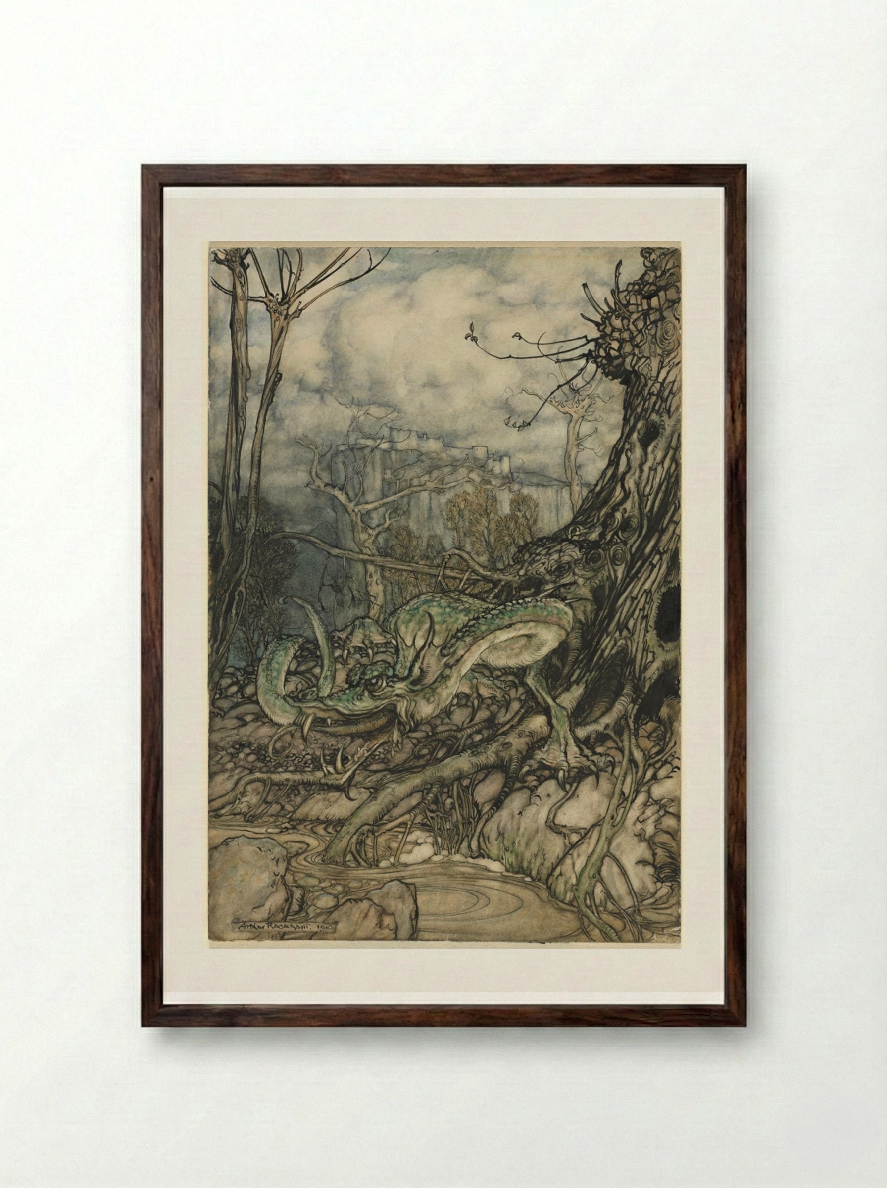 The Green Dragon - Arthur Rackham - Framed Print Dark Wood