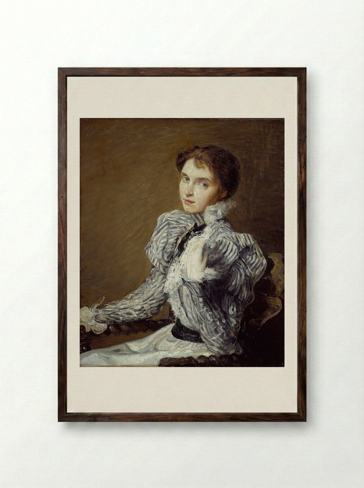 The Grey Bodice - Julian Alden Weir - Framed Print Dark Wood