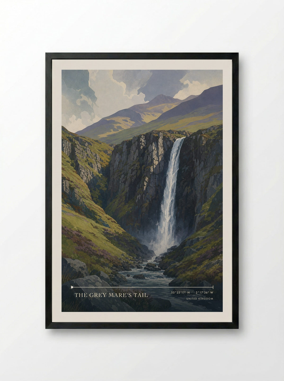 The Grey Mare's Tail United Kingdom Travel Poster - Framed Print Black
