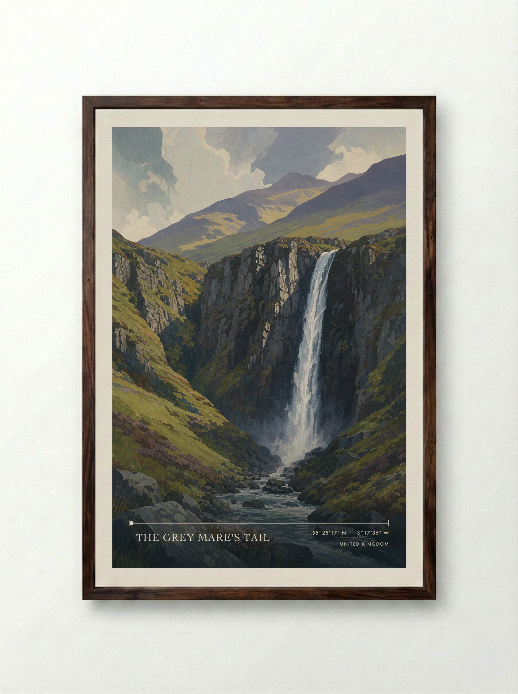 The Grey Mare's Tail United Kingdom Travel Poster - Framed Print Dark Wood