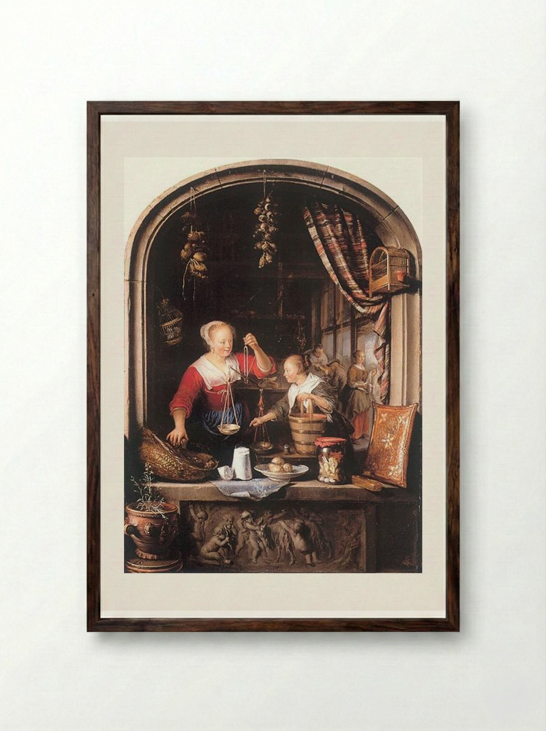 The Grocery Shop - Gerrit Dou - Framed Print Dark Wood