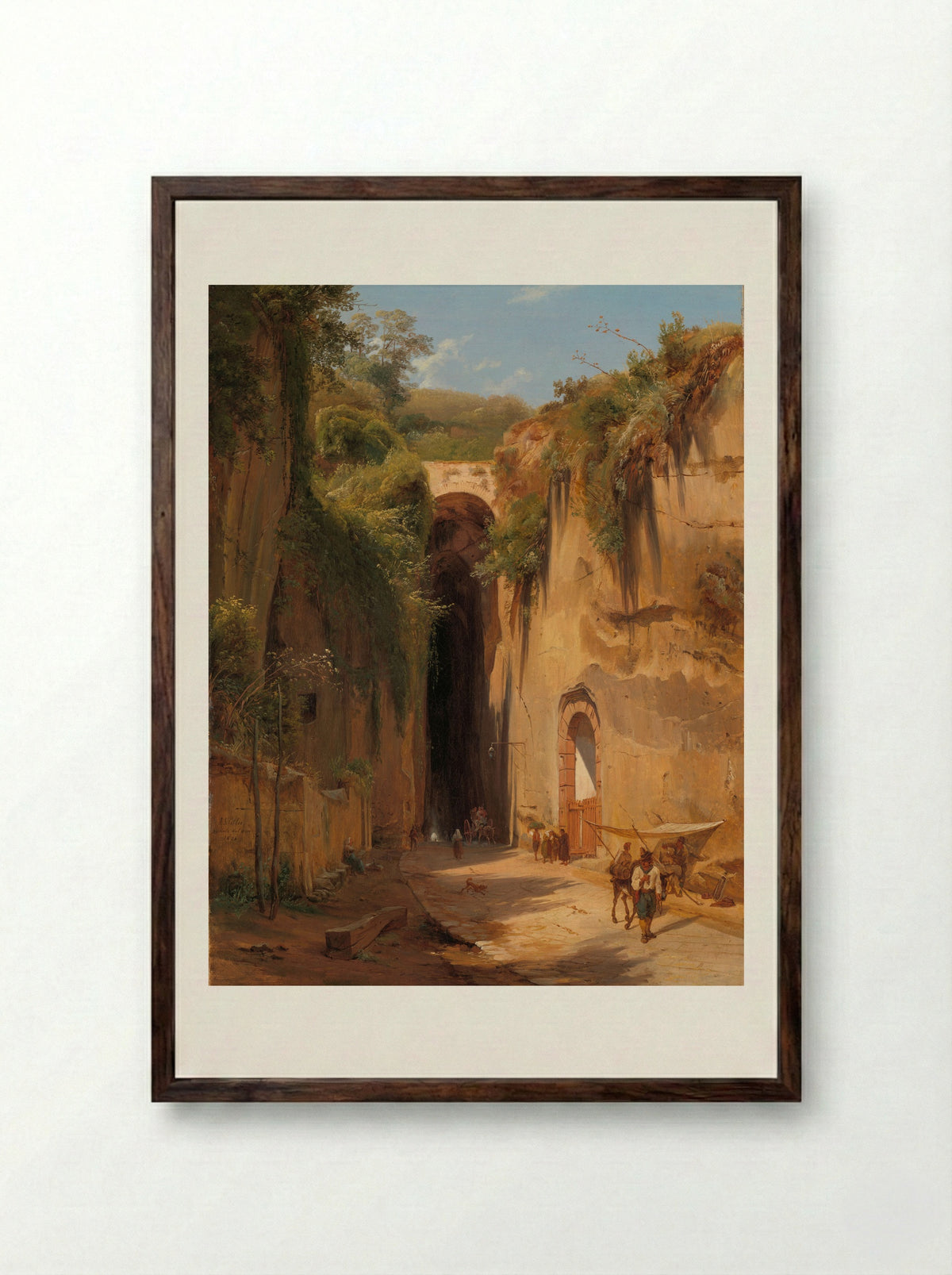The Grotto of Posillipo at Naples - Antonie Sminck Pitloo - Framed Print Dark Wood