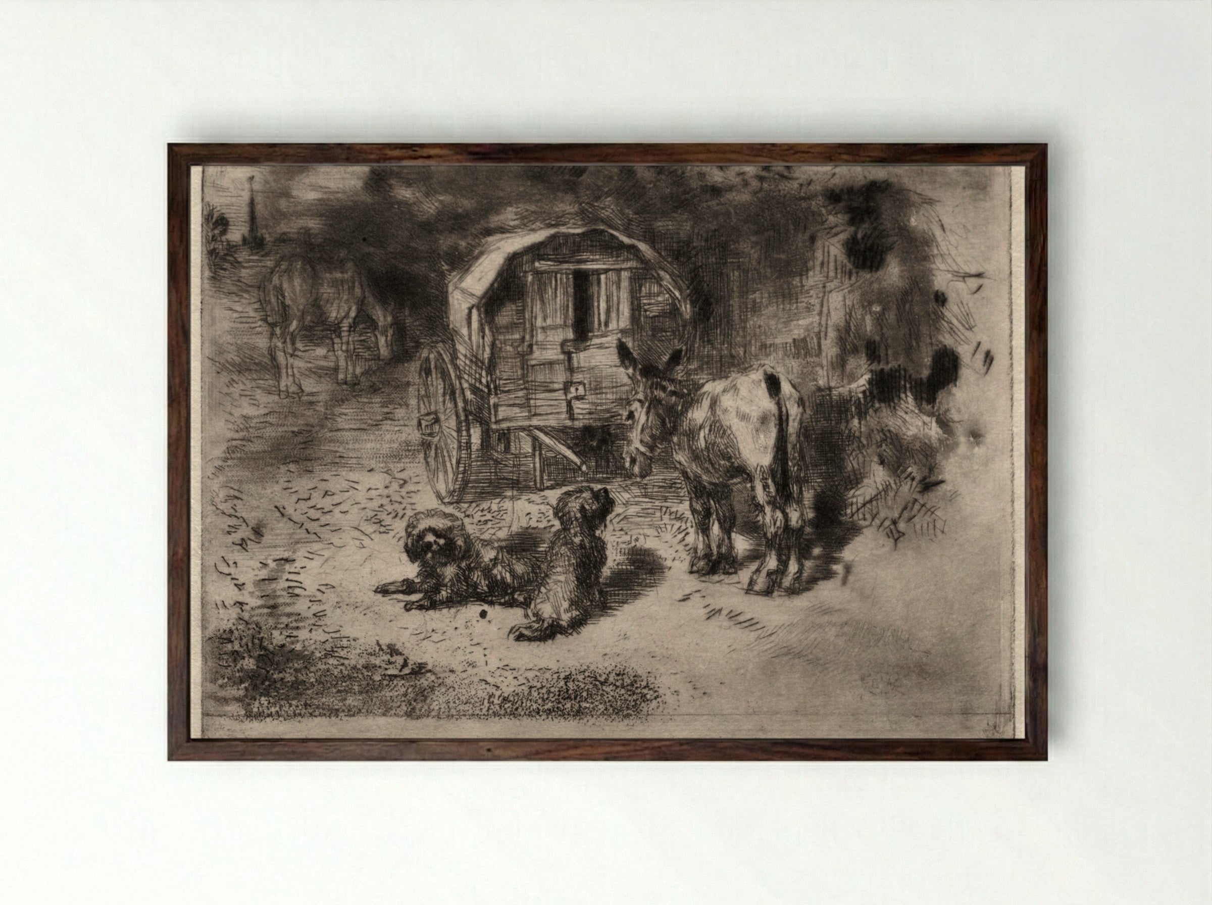 The Guardians of the House, or the Friends of the Saltimbanque - Félix Hilaire Buhot - Framed Print Dark Wood