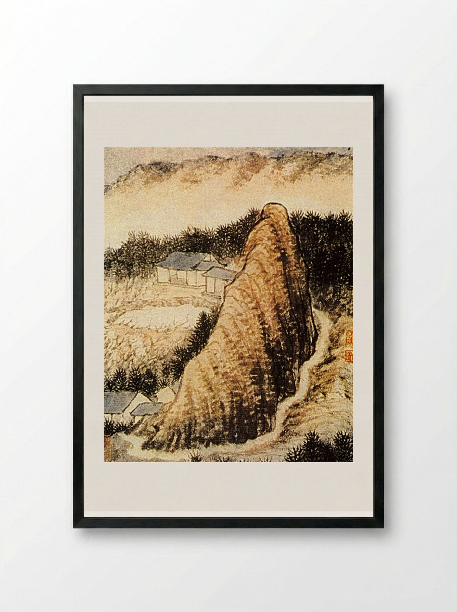The Hamlet at the Foot of the Rock - Shitao - Framed Print Black