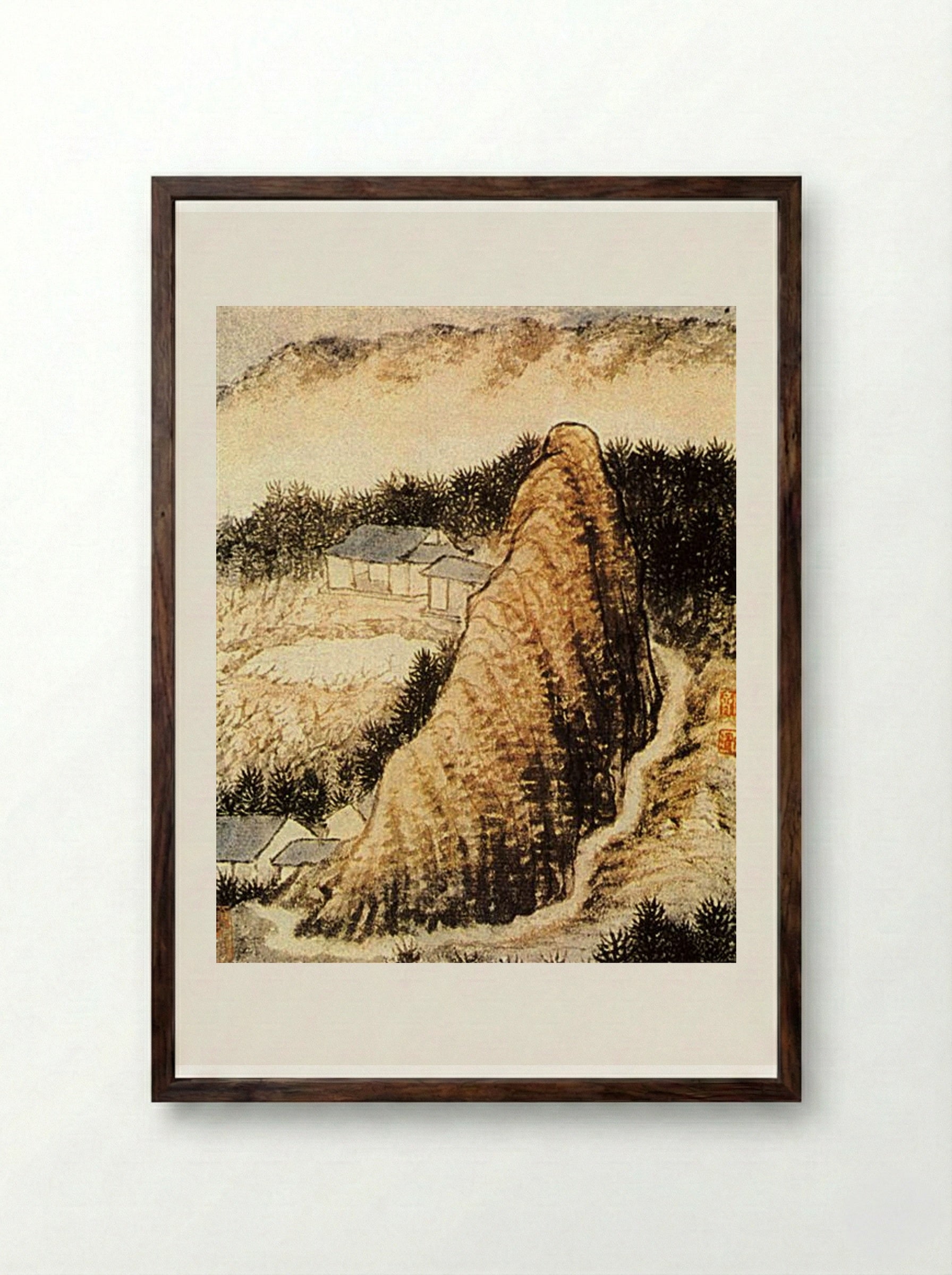 The Hamlet at the Foot of the Rock - Shitao - Framed Print Dark Wood