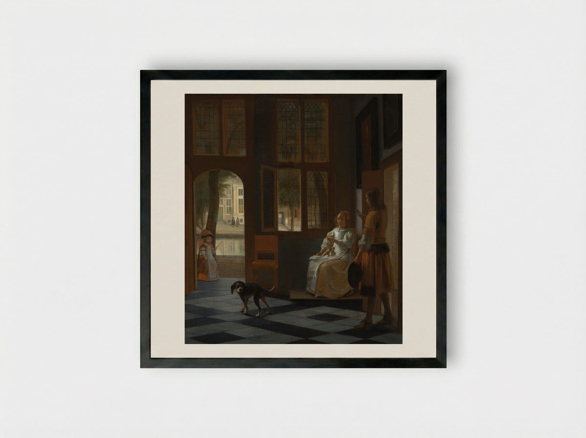 The Handing Over of a Letter in the Entrance Hall - Pieter de Hooch - Framed Print Black