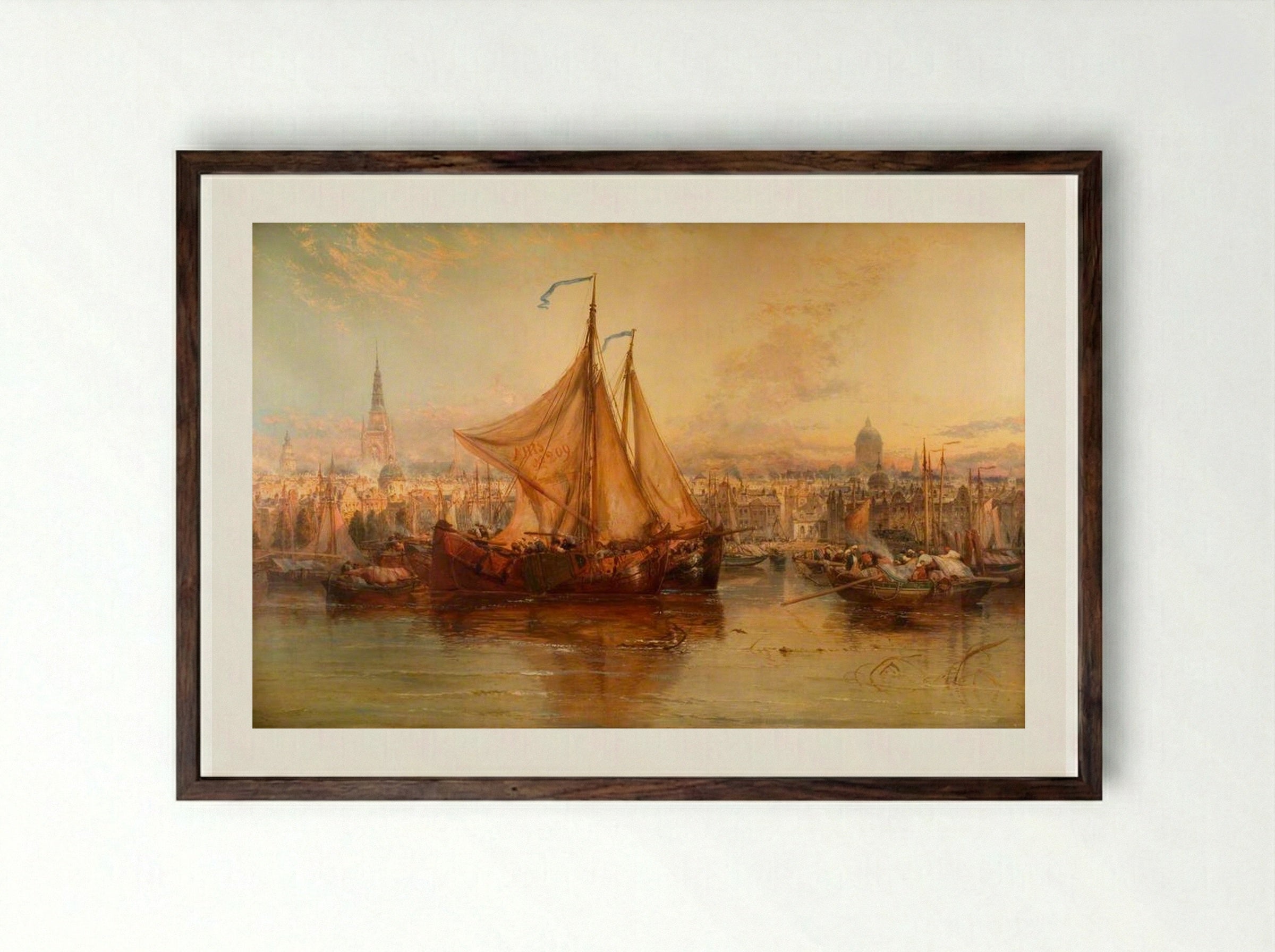 The Harbour, Amsterdam - James Webb - Framed Print Dark Wood