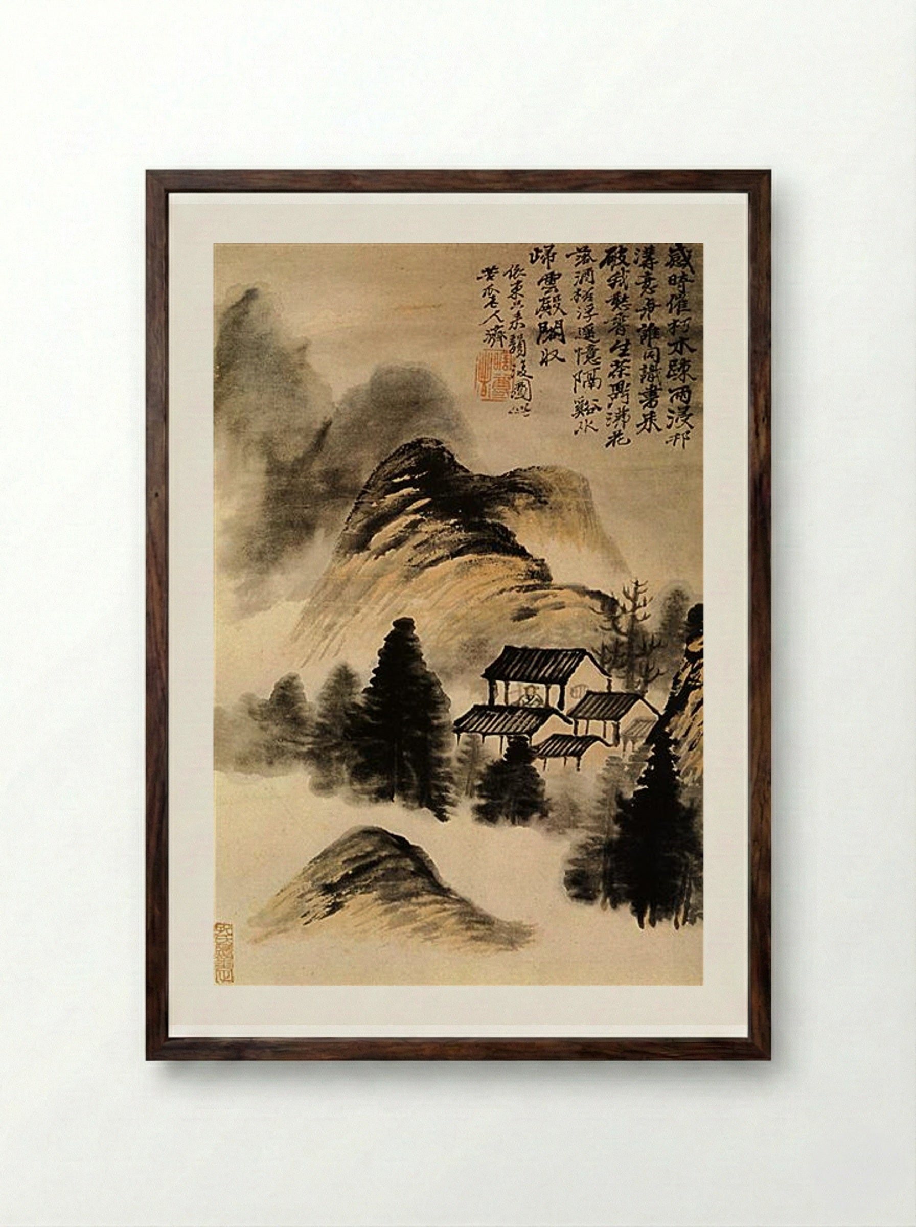 The Hermit Lodge in the Middle of the Table - Shitao - Framed Print Dark Wood
