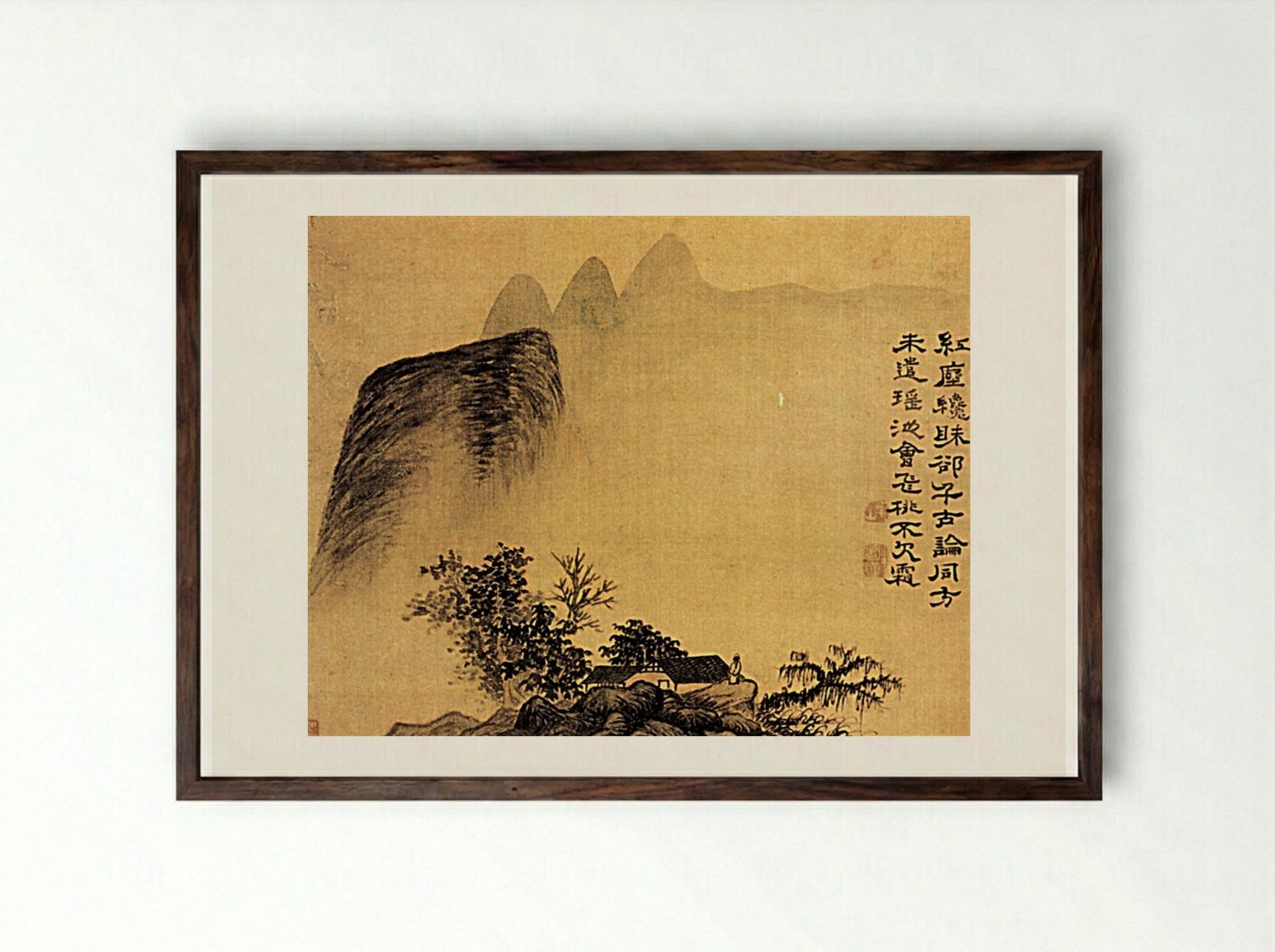 The Hermitage at the foot of the mountains - Shitao - Framed Print Dark Wood