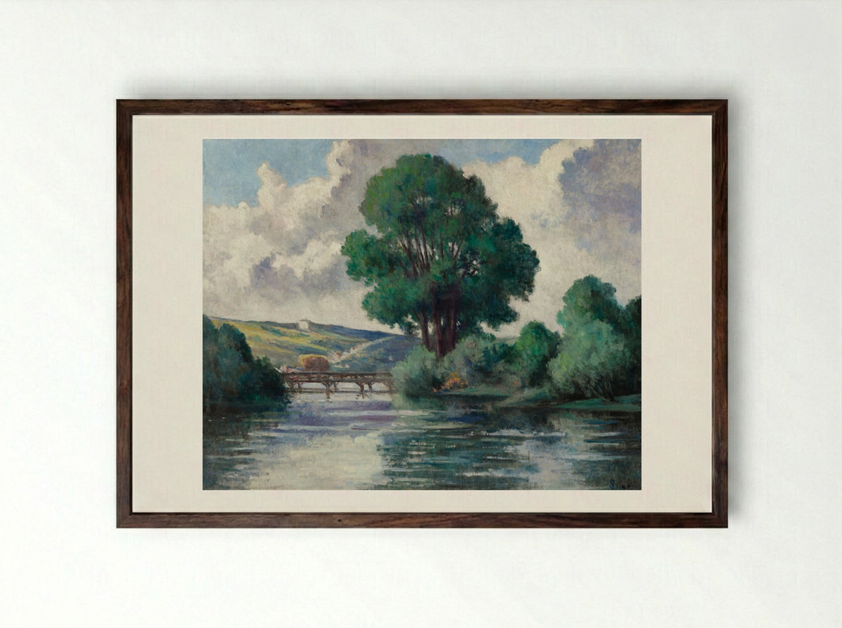 The Herville Footbridge - Maximilien Luce - Framed Print Dark Wood