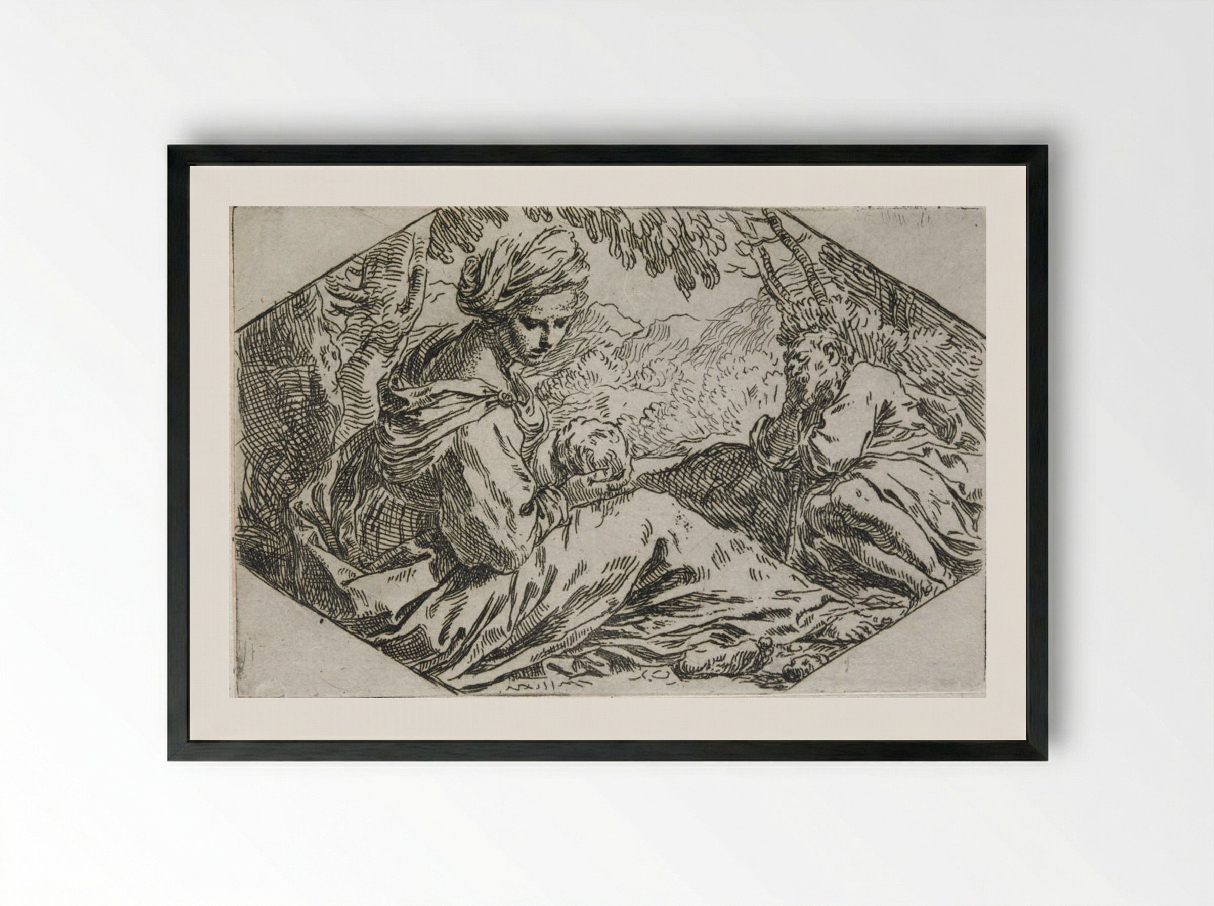 The Holy Family Resting in Egypt - Simone Cantarini - Framed Print Black