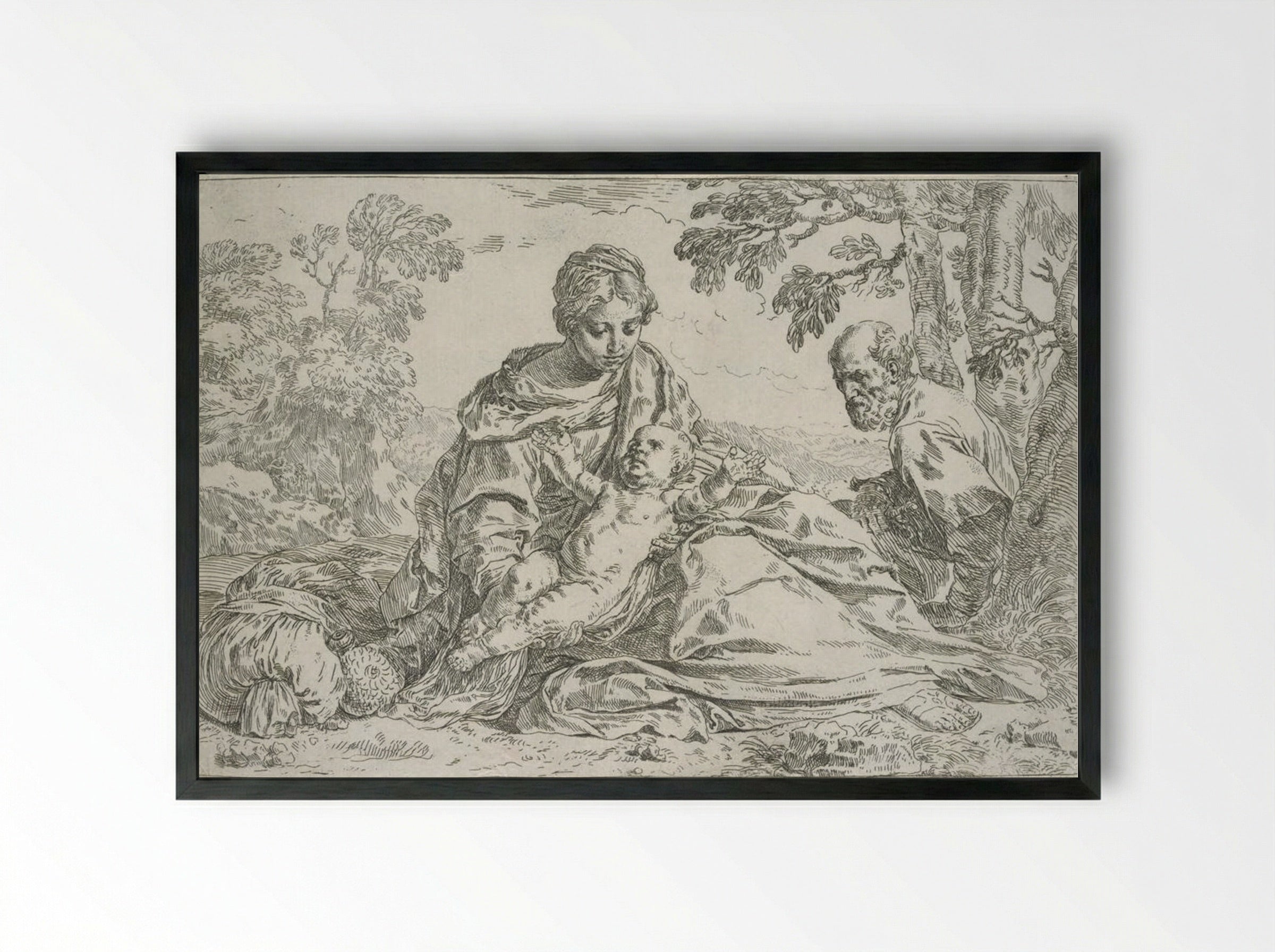 The Holy Family Resting in Egypt - Simone Cantarini - Framed Print Black