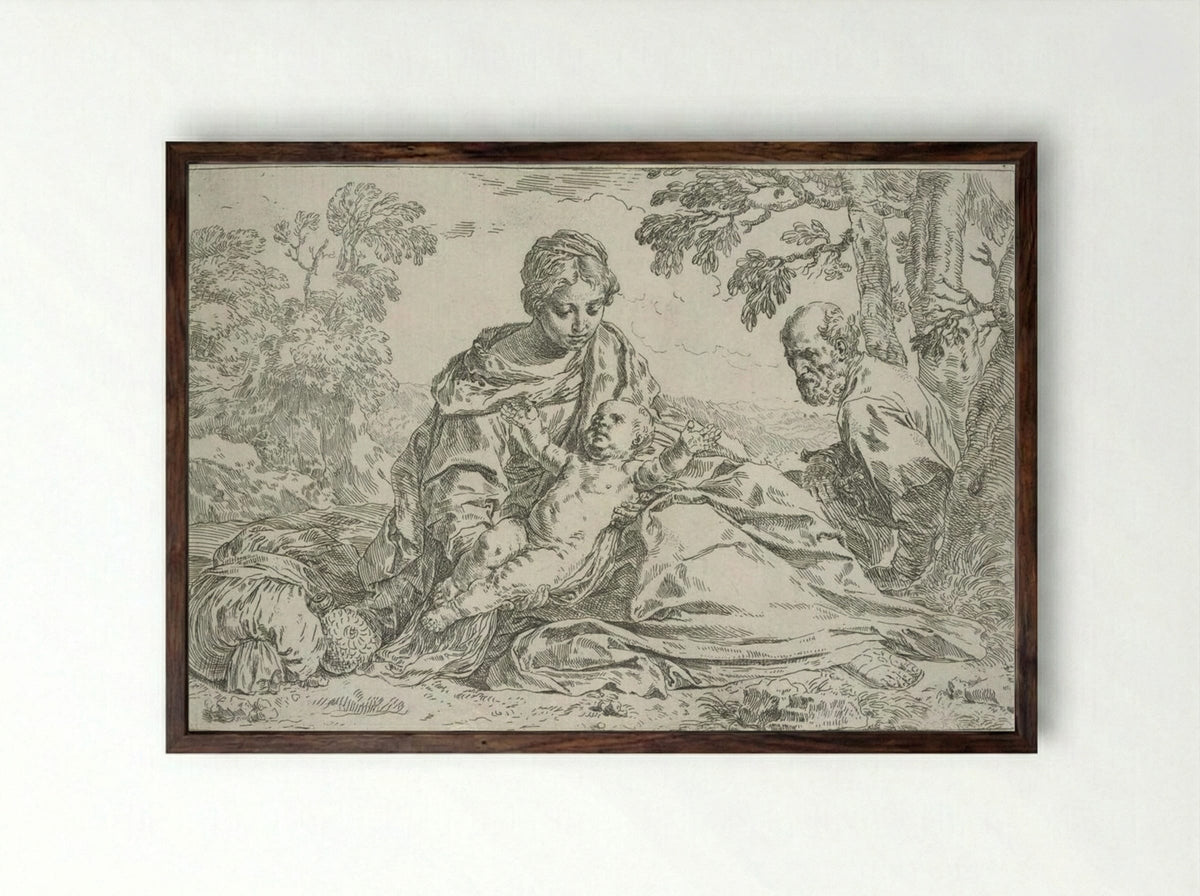 The Holy Family Resting in Egypt - Simone Cantarini - Framed Print Dark Wood
