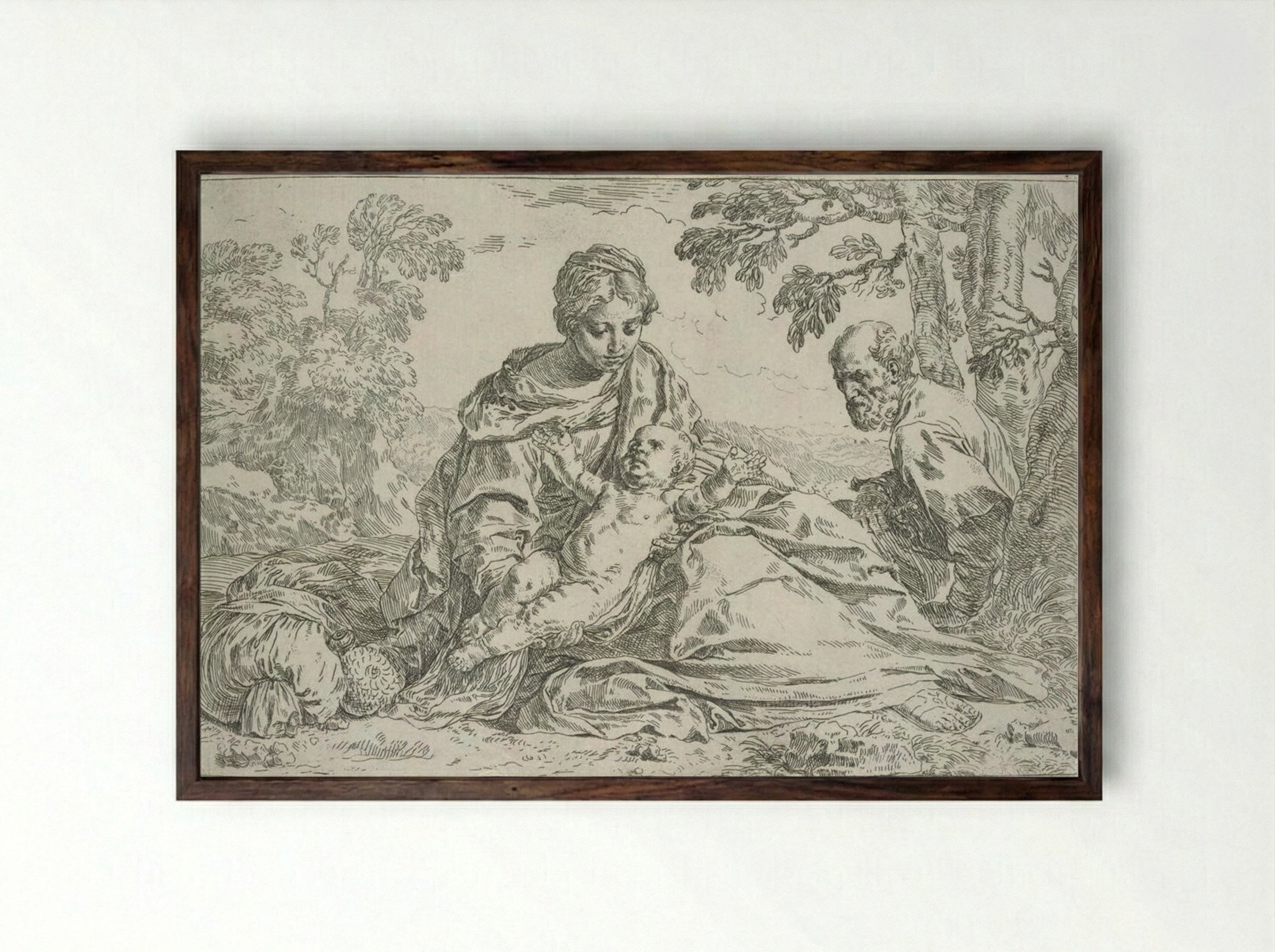 The Holy Family Resting in Egypt - Simone Cantarini - Framed Print Dark Wood