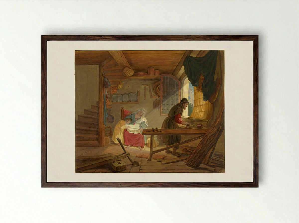 The Holy Family in Joseph's Workshop - Tethart Philip Christian Haag - Framed Print Dark Wood