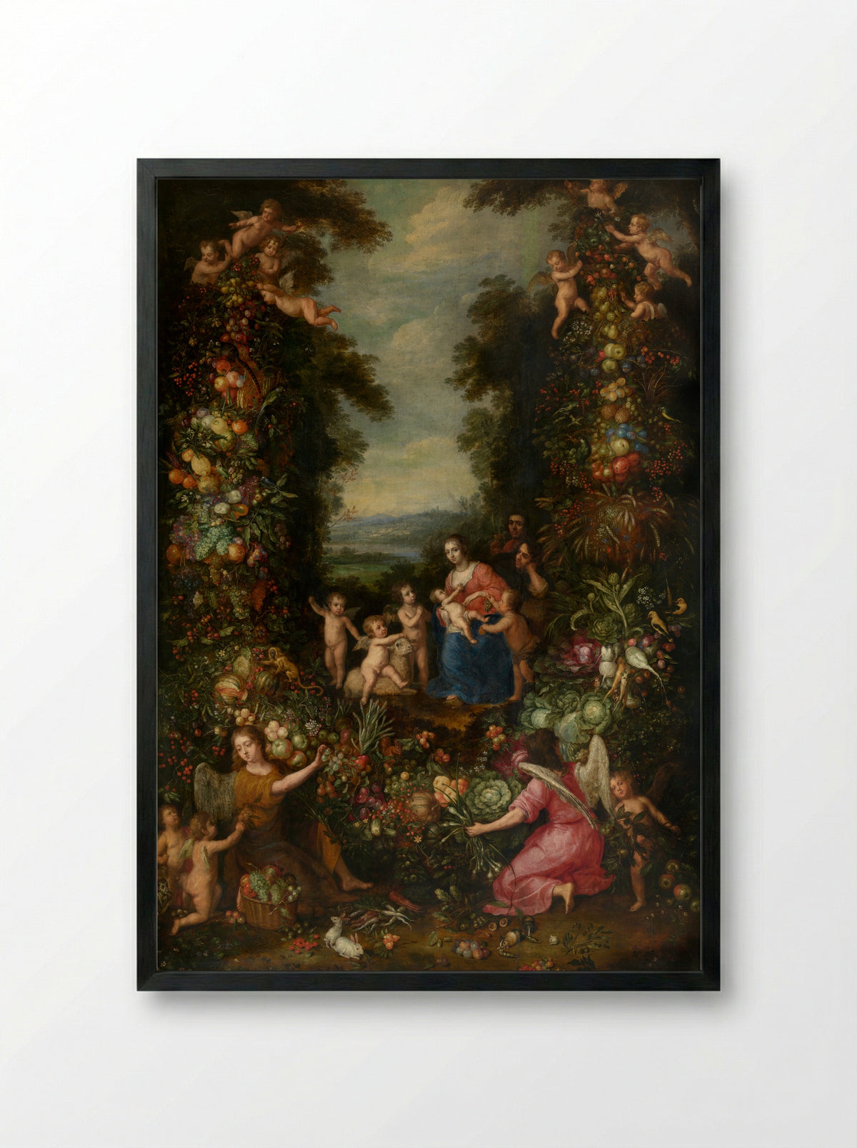 The Holy Family with Angels and Garland of Fruit - Pieter van Avont - Framed Print Black