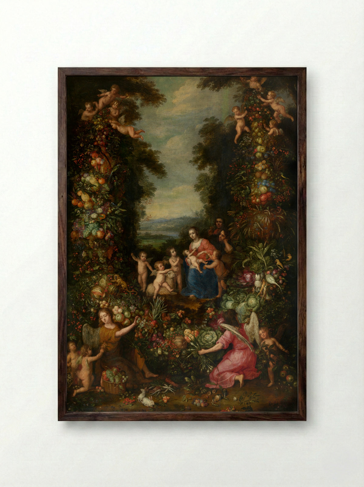 The Holy Family with Angels and Garland of Fruit - Pieter van Avont - Framed Print Dark Wood